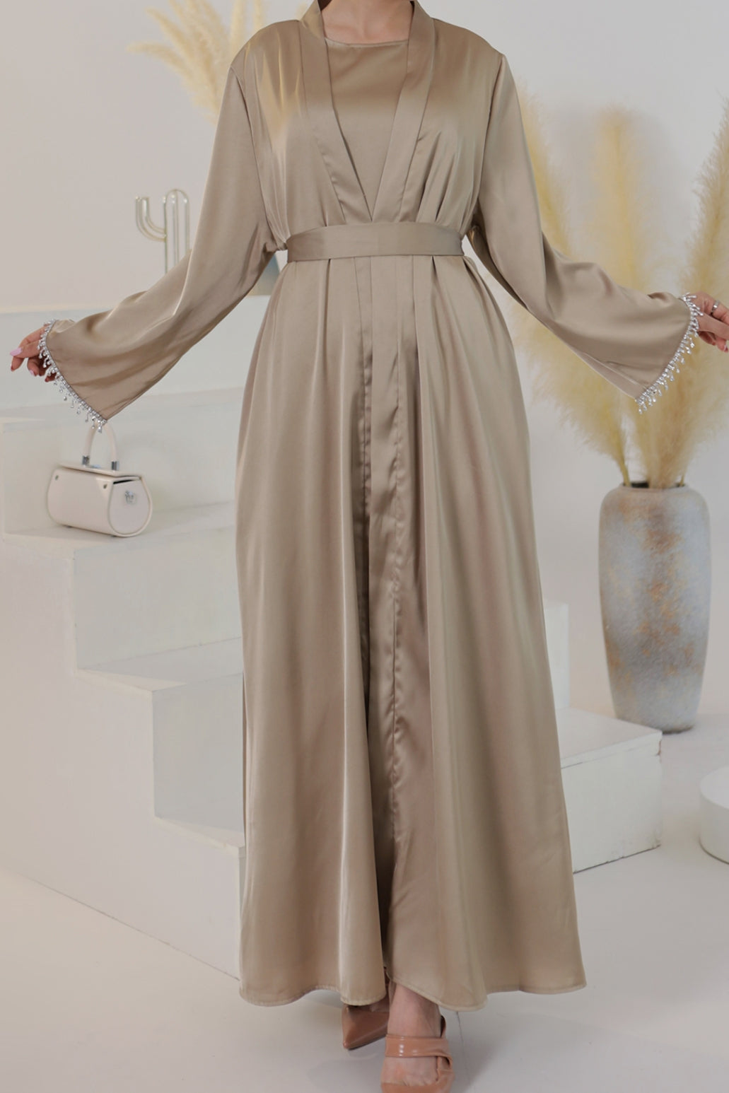 LR627+LR635 High Quality Abaya Kimono Set Crystal Style Abaya Women Muslim Dress 2pcs Set Abayas-Khaki - Meliza