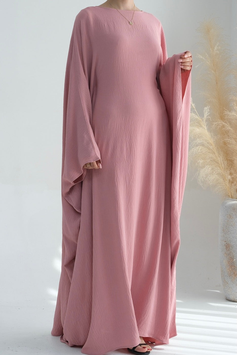 Badia Waist-Cinching Batwing Butterfly Sleeve Maxi Dress Kaftan Abaya 695 - Pink