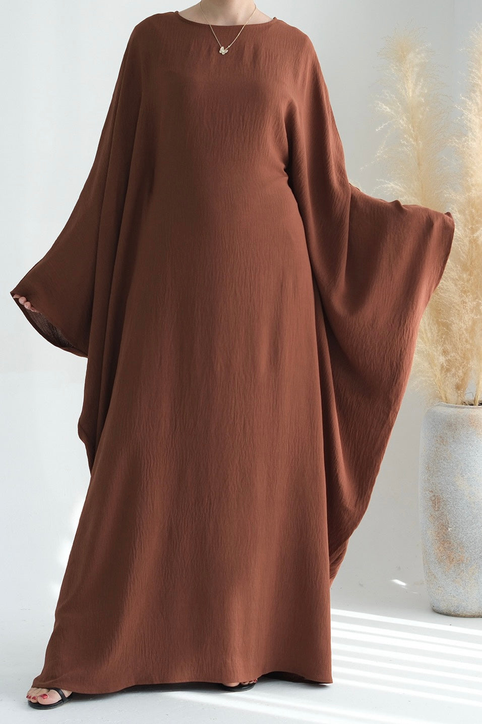 Badia Waist-Cinching Batwing Butterfly Sleeve Maxi Dress Kaftan Abaya 695 - Coffee