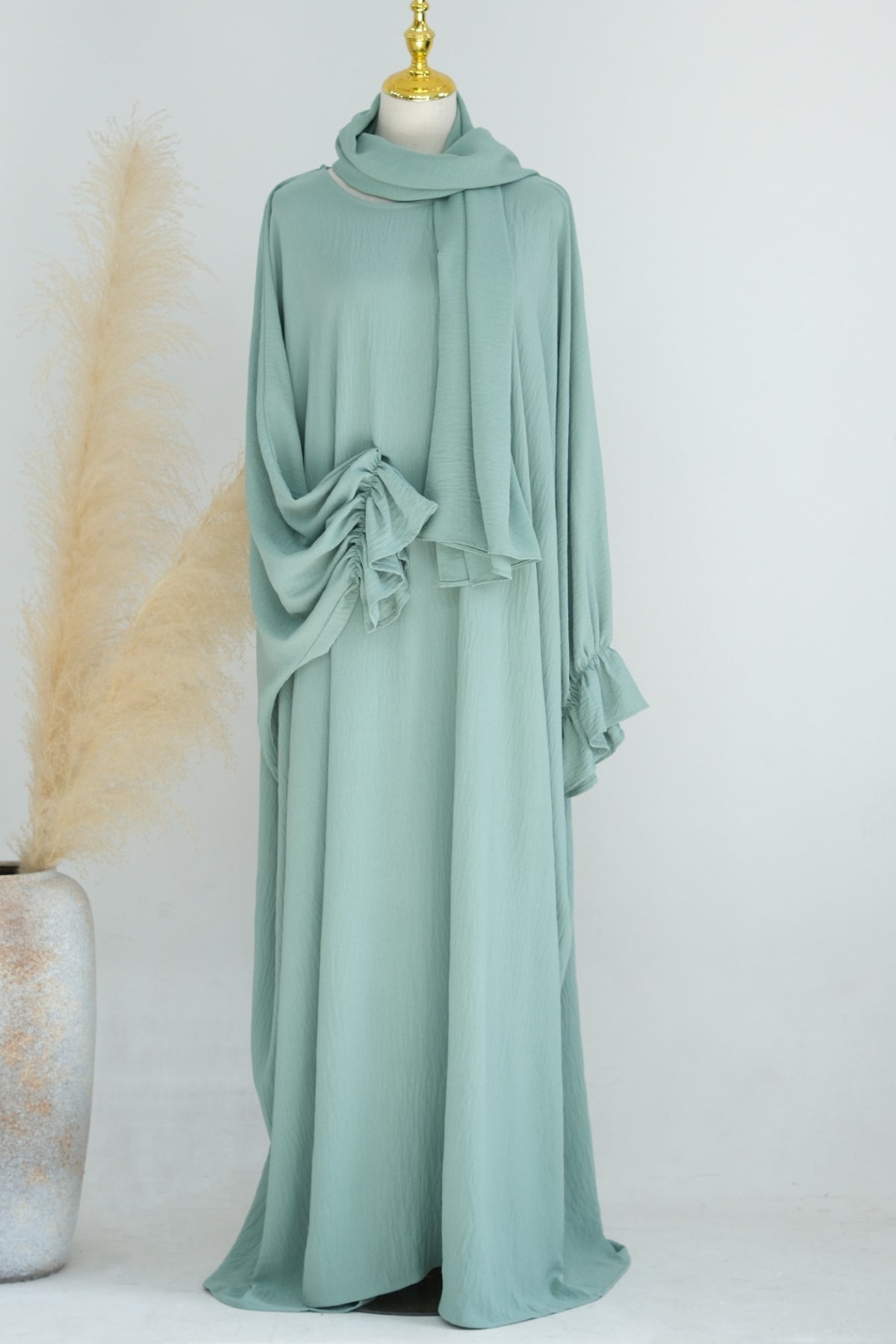 Natasha Cinched Sleeve Maxi Dress Abaya 669-Light green