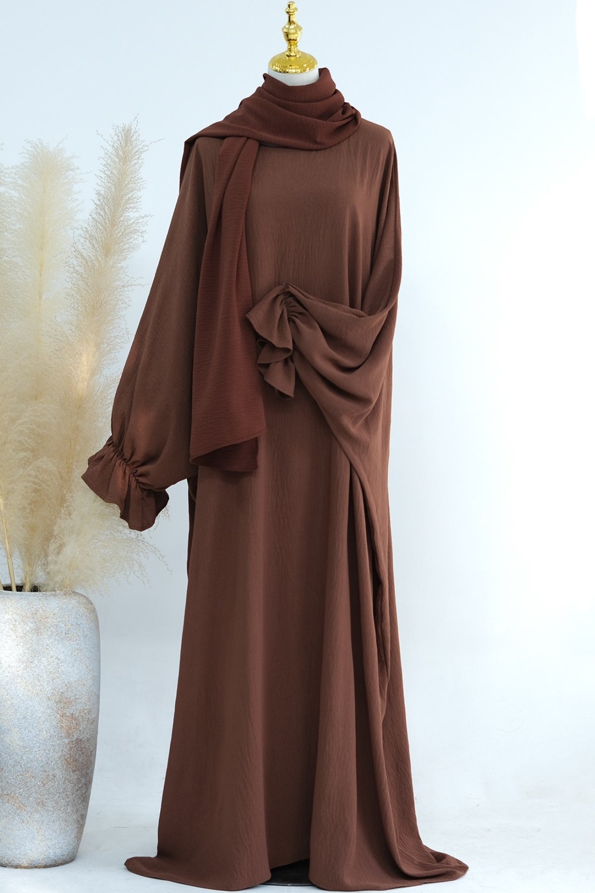 Natasha Cinched Sleeve Maxi Dress Abaya 669-Coffee