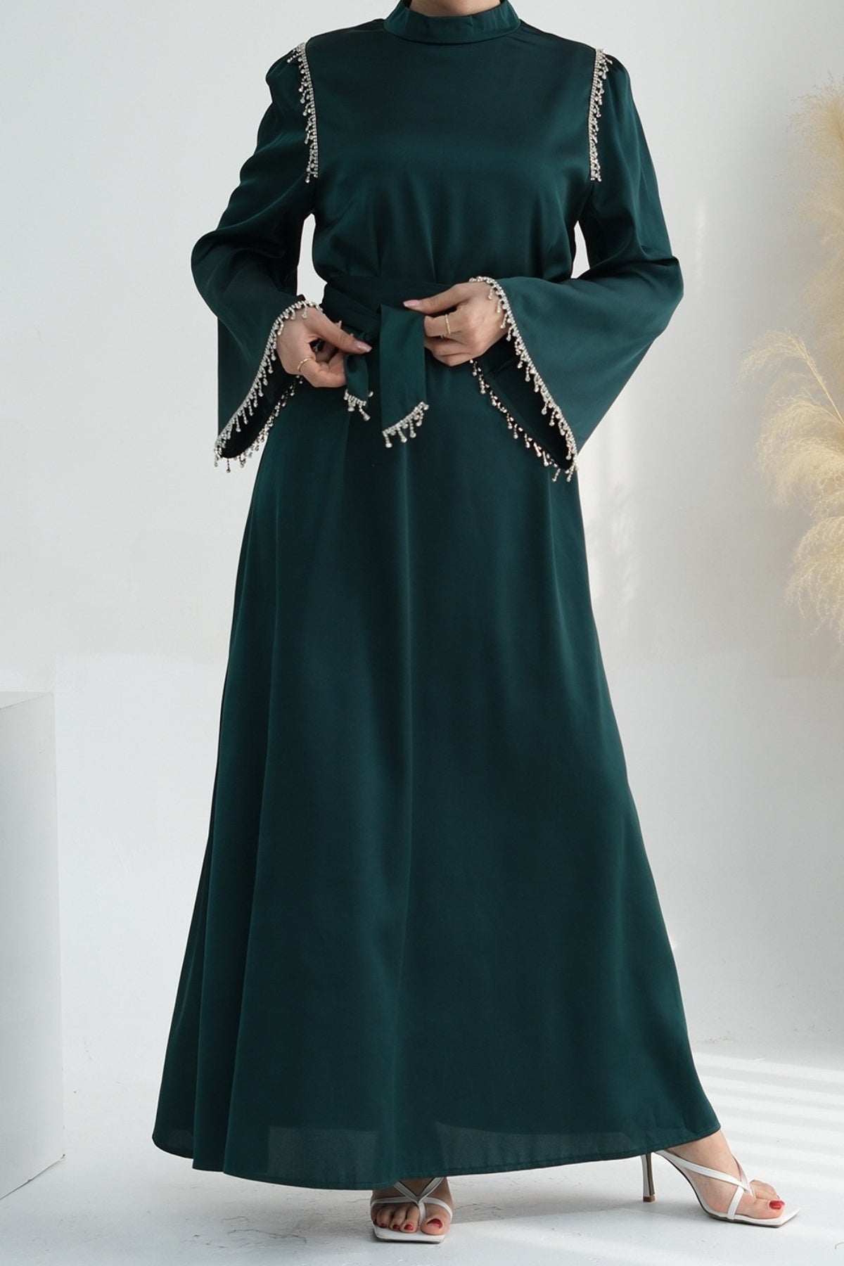 Yalina Crystal Beads Sleeves and Stand-up Collar Maxi Dress Abaya with belt 710-Dark Green