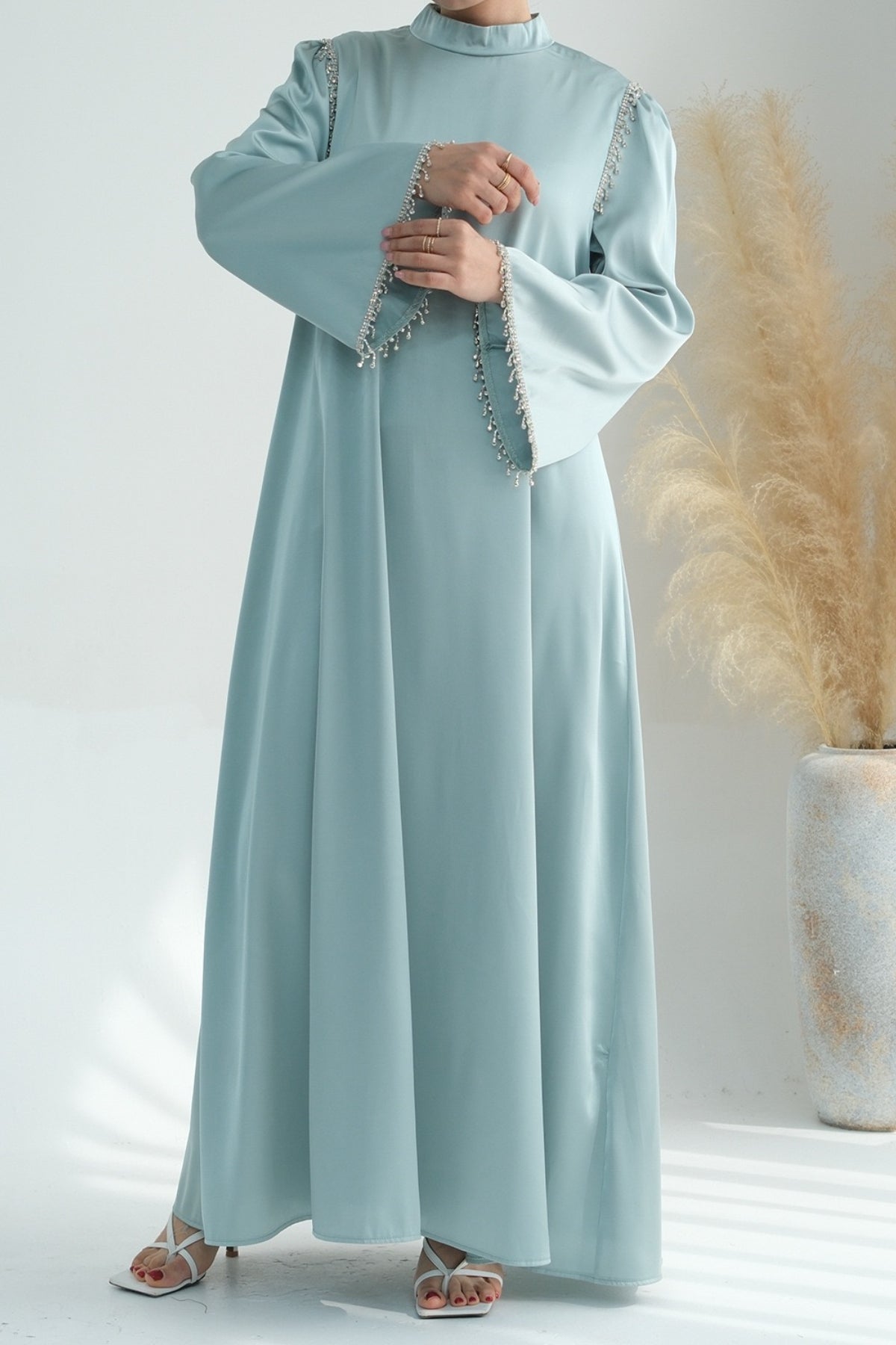 Yalina Crystal Beads Sleeves and Stand-up Collar Maxi Dress Abaya with belt 710-Light Green