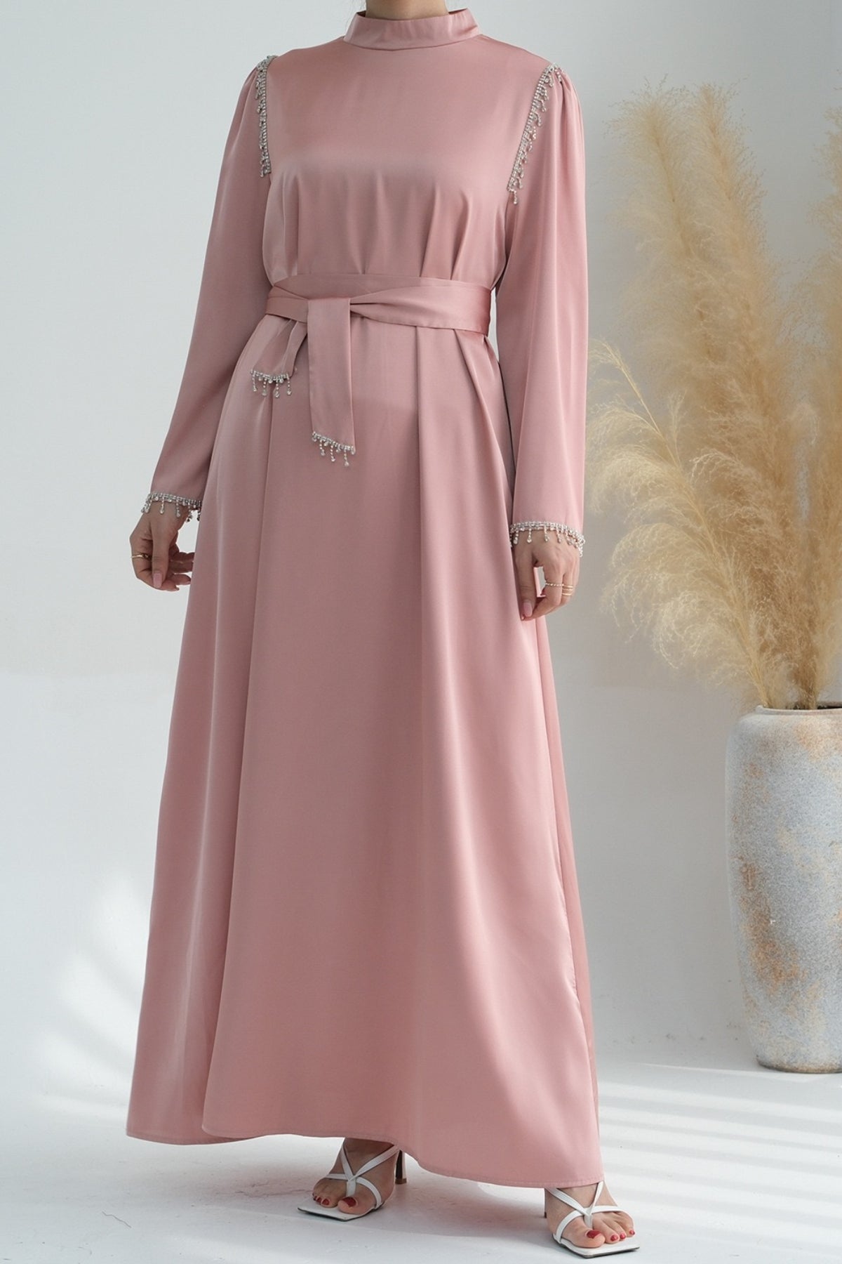 Yalina Crystal Beads Sleeves and Stand-up Collar Maxi Dress Abaya with belt 710 - Pink