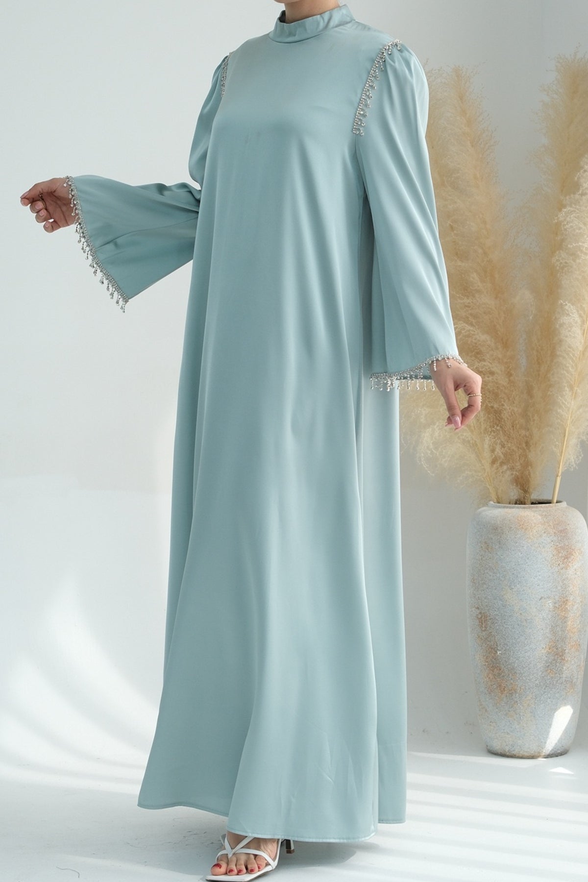 Yalina Crystal Beads Sleeves and Stand-up Collar Maxi Dress Abaya with belt 710-Light Green