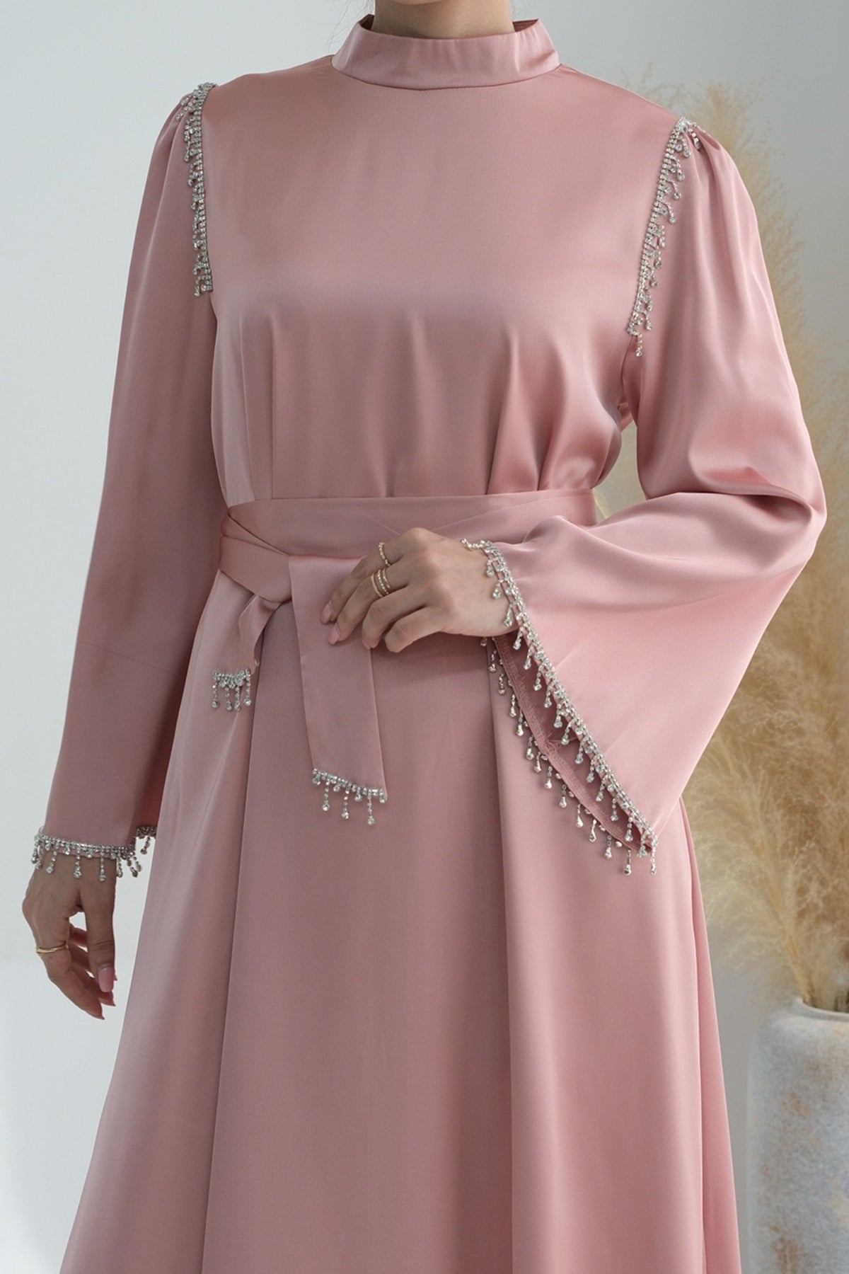 Yalina Crystal Beads Sleeves and Stand-up Collar Maxi Dress Abaya with belt 710 - Pink