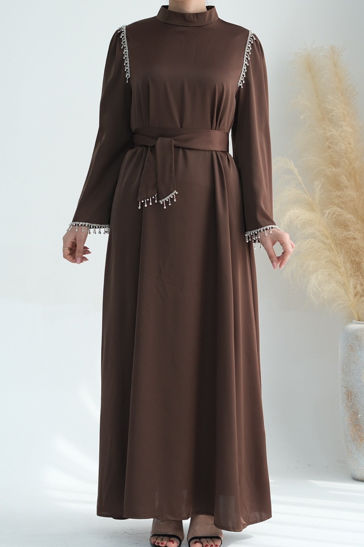 Yalina Crystal Beads Sleeves and Stand-up Collar Maxi Dress Abaya with belt 710-Coffee