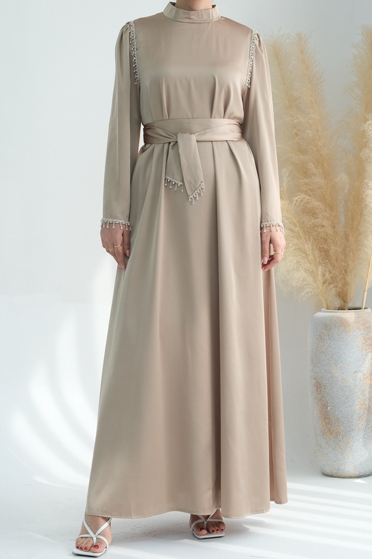 Yalina Crystal Beads Sleeves and Stand-up Collar Maxi Dress Abaya with belt 710-Khaki