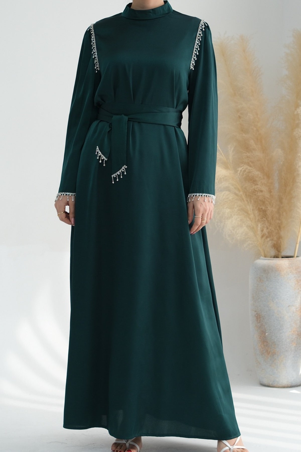 Yalina Crystal Beads Sleeves and Stand-up Collar Maxi Dress Abaya with belt 710-Dark Green