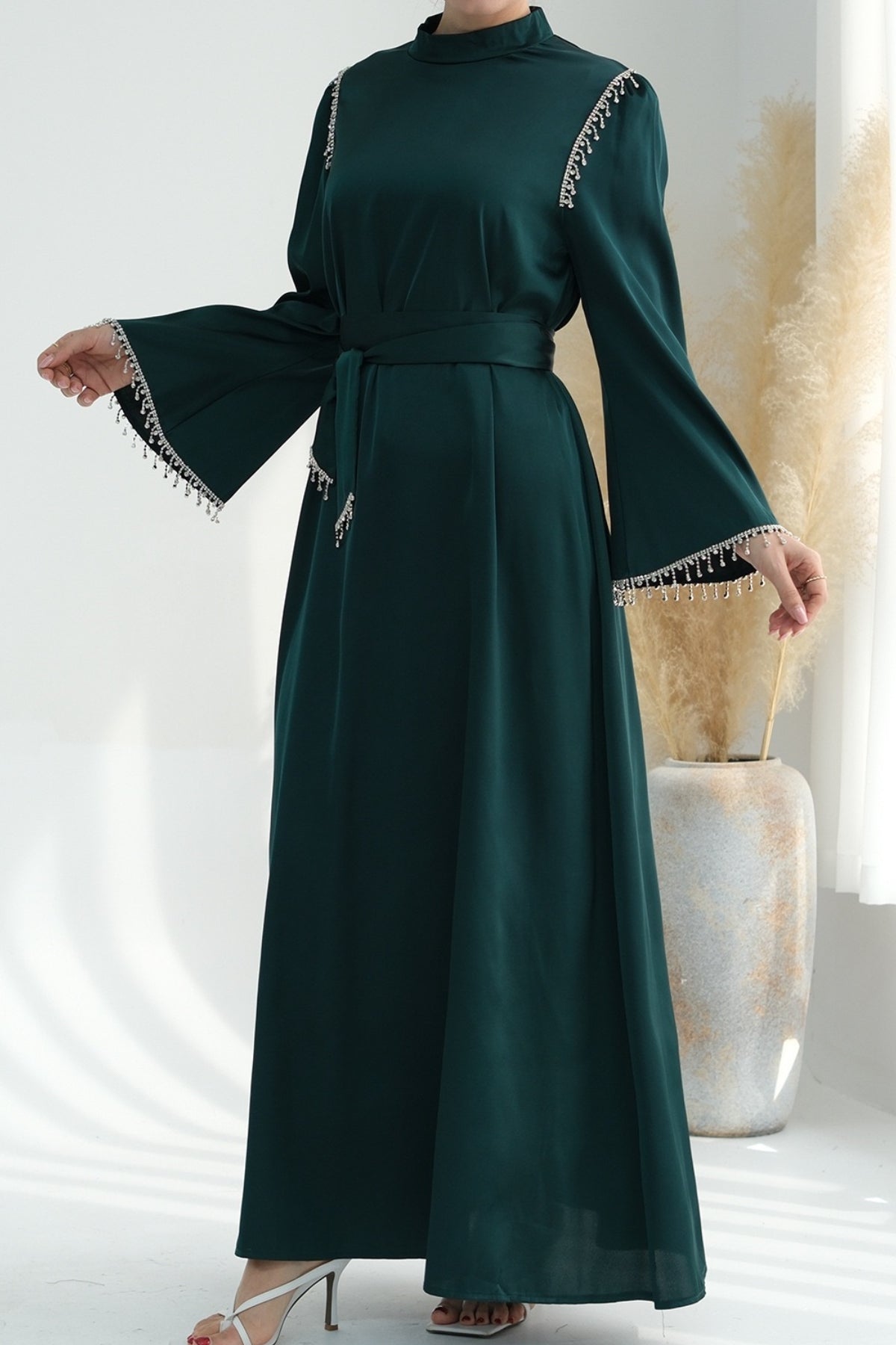 Yalina Crystal Beads Sleeves and Stand-up Collar Maxi Dress Abaya with belt 710-Dark Green