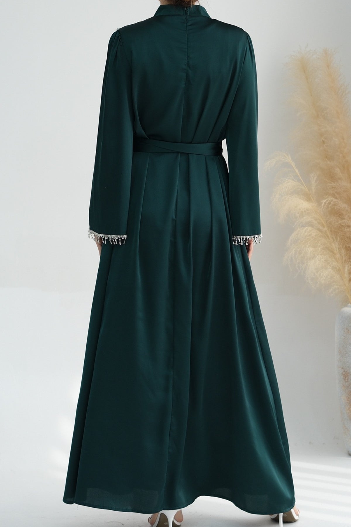 Yalina Crystal Beads Sleeves and Stand-up Collar Maxi Dress Abaya with belt 710-Dark Green