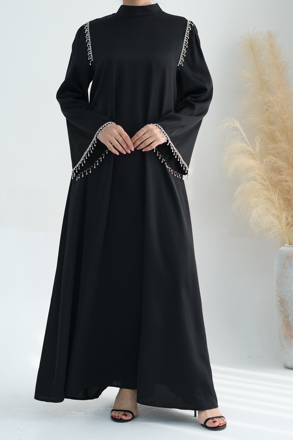 Yalina Crystal Beads Sleeves and Stand-up Collar Maxi Dress Abaya with belt 710-Black