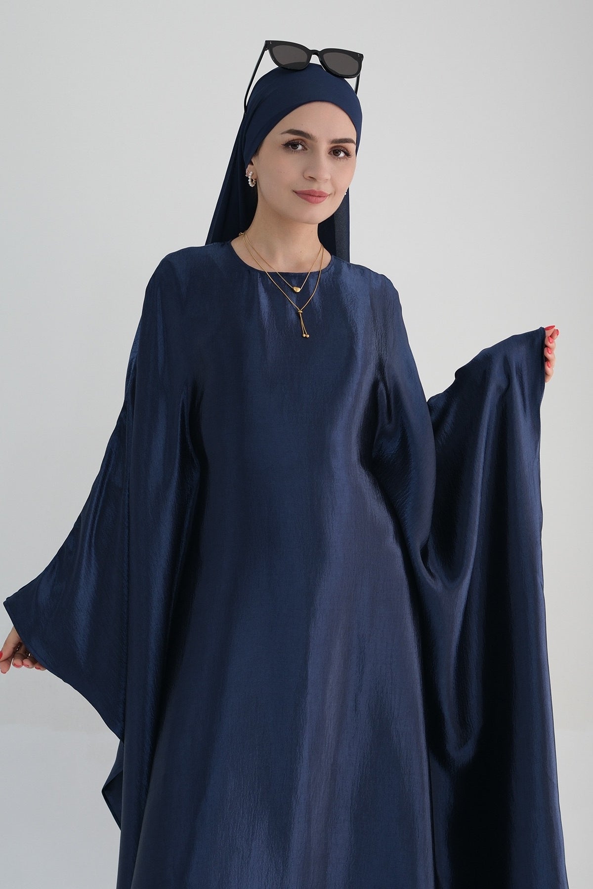 Jahari Shiny Batwing Butterfly Sleeve Maxi Dress Abaya 774-Dark Blue