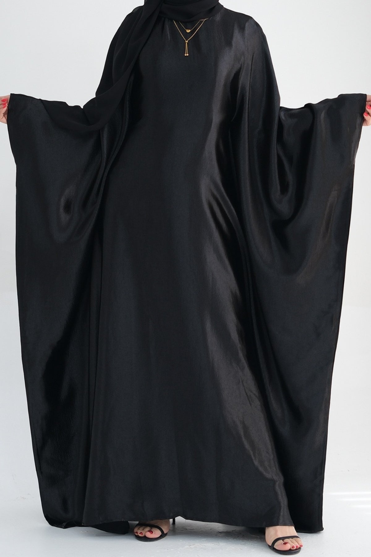 Jahari Shiny Batwing Butterfly Sleeve Maxi Dress Abaya 774-Black