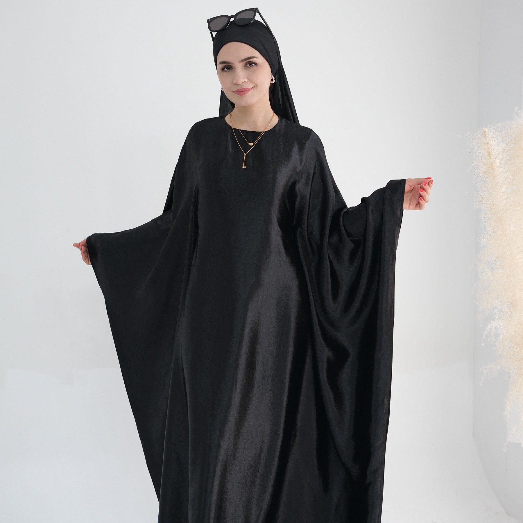 Jahari Shiny Batwing Butterfly Sleeve Maxi Dress Abaya 774-Black