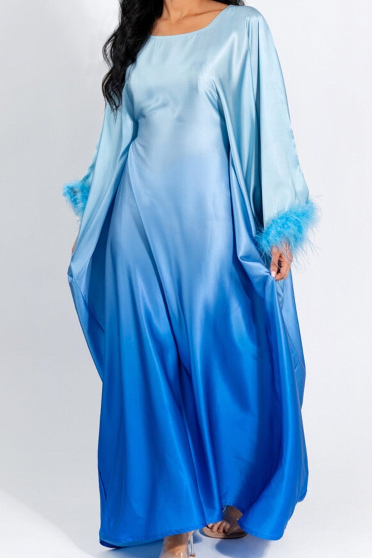 HANAN Feather-Embellished Gradient Kaftan Batwing Abaya 812 - Blue