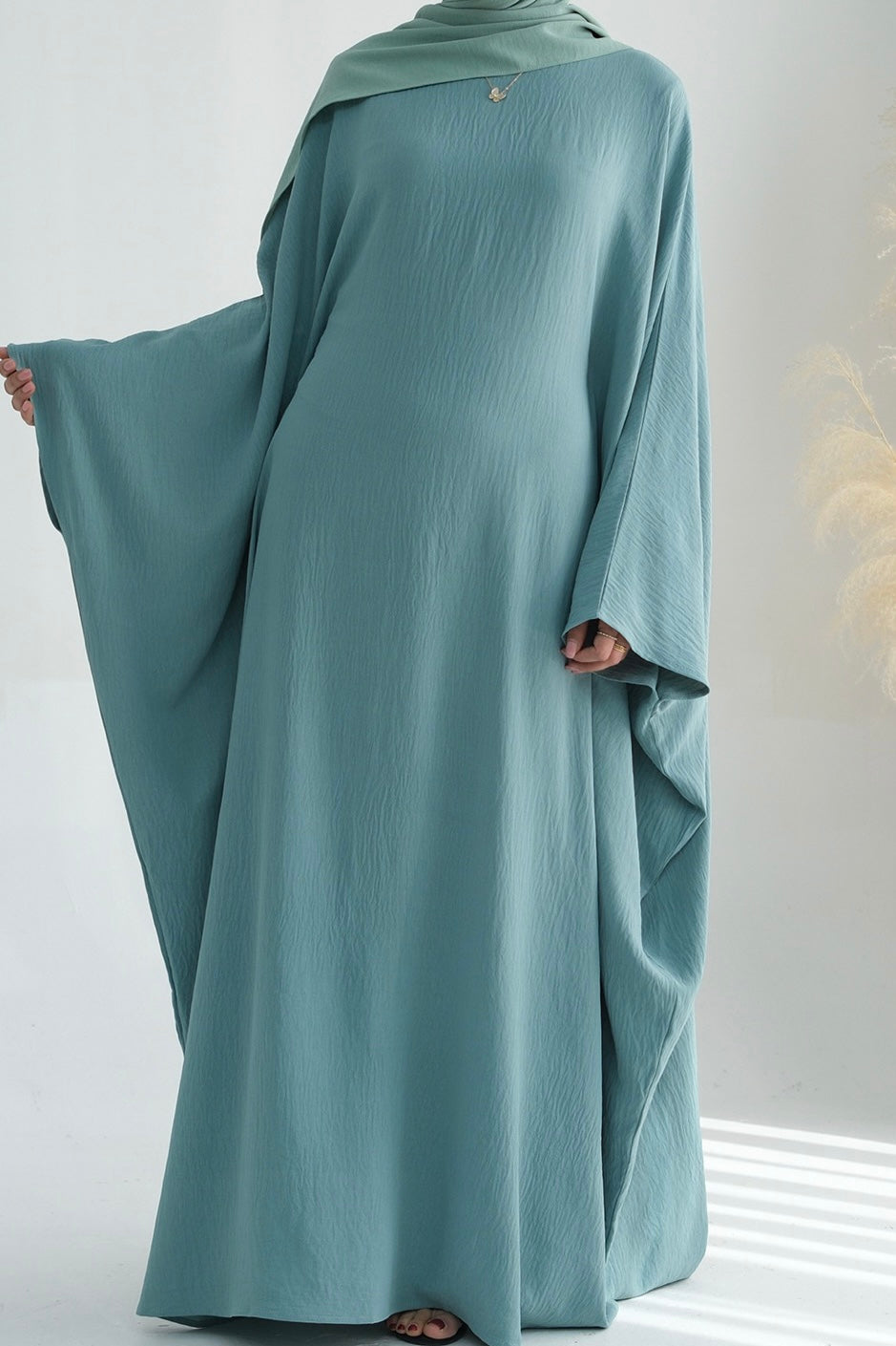 Badia Waist-Cinching Batwing Butterfly Sleeve Maxi Dress Kaftan Abaya 695 - Green