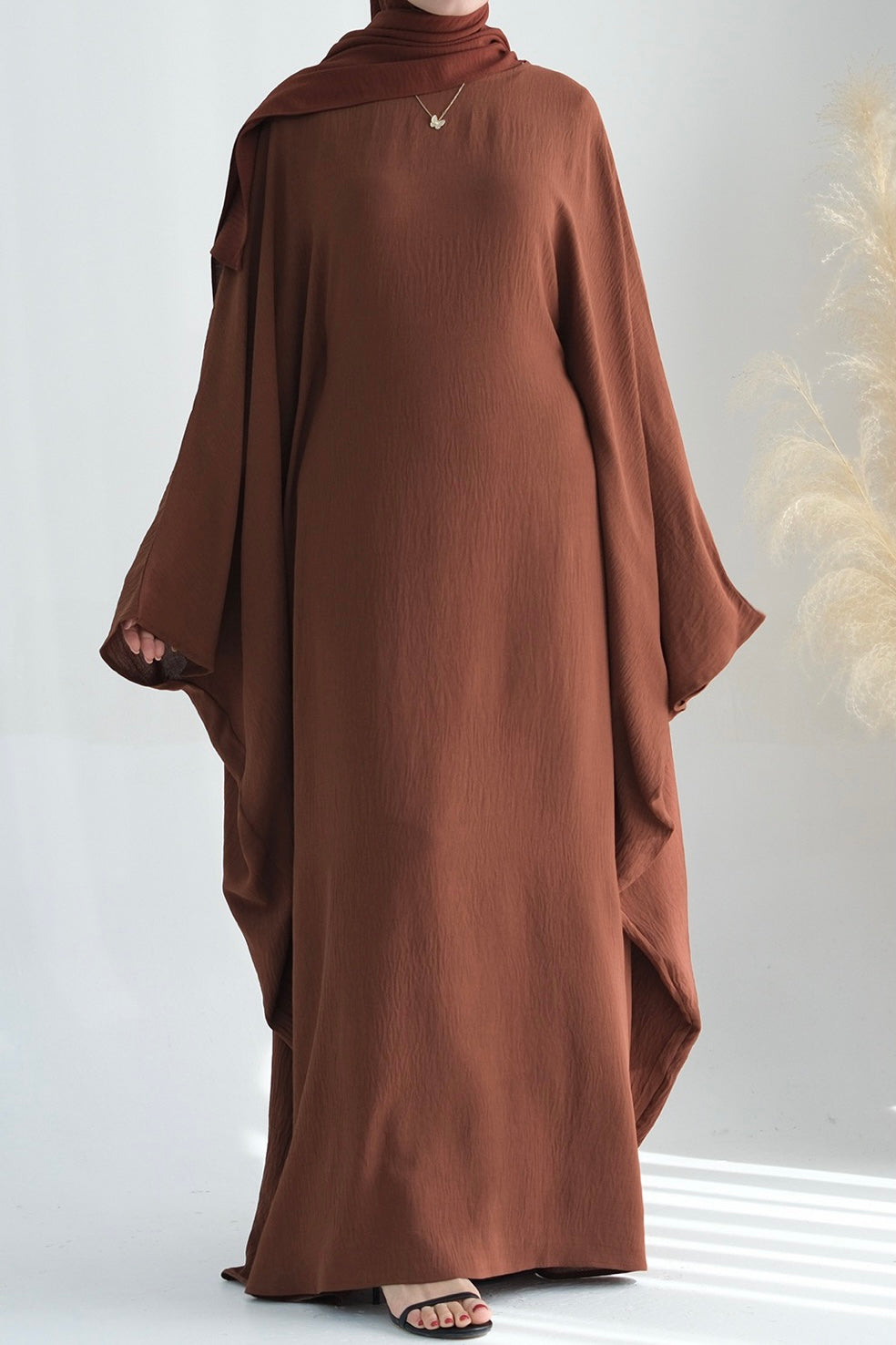 Badia Waist-Cinching Batwing Butterfly Sleeve Maxi Dress Kaftan Abaya 695 - Coffee