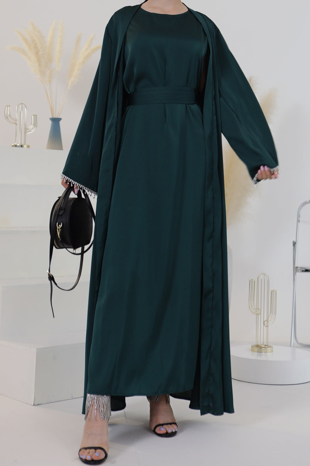 Luna 2PCS Crystal Beads Sleeves Satin Abaya Set with Crystal Chain - Dark Green - Meliza