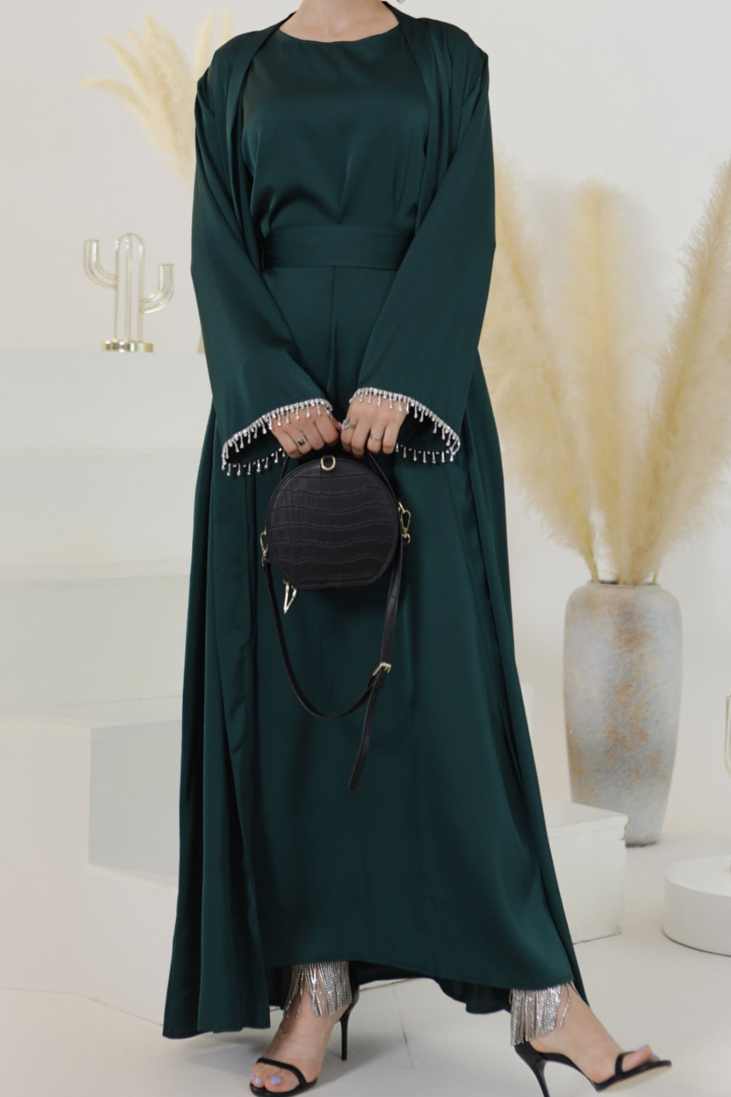 Luna 2PCS Crystal Beads Sleeves Satin Abaya Set with Crystal Chain - Dark Green - Meliza