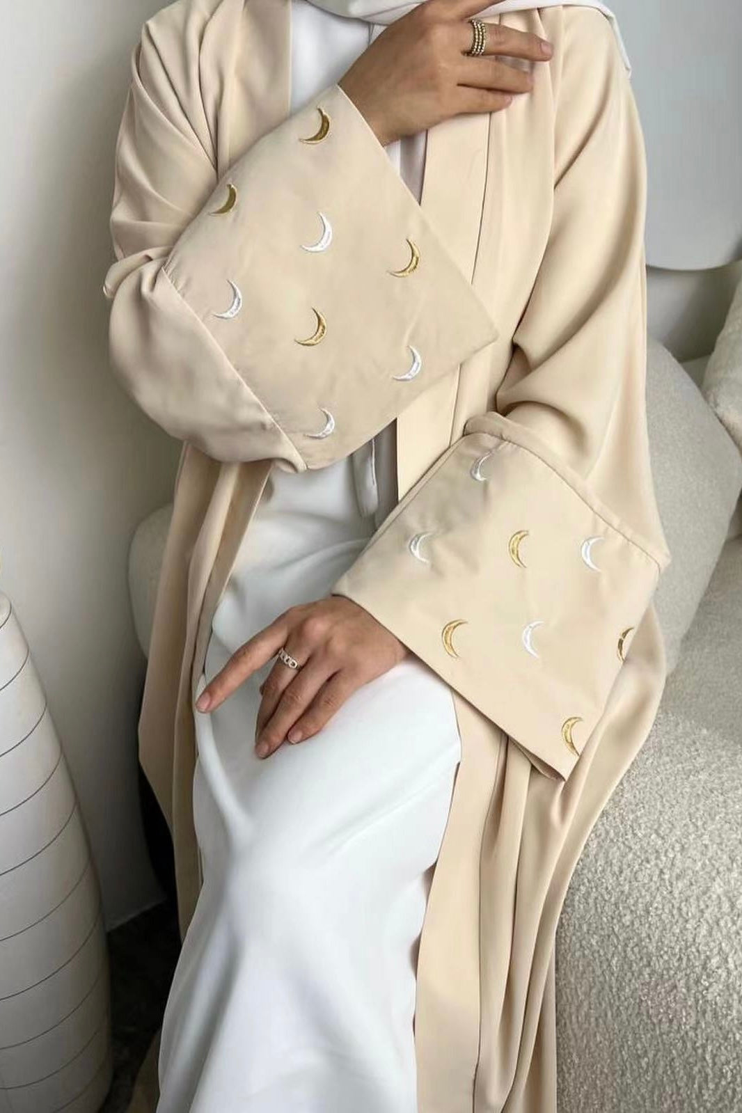 Najma Moon Embroidery modest open abaya with belt 785-Beige