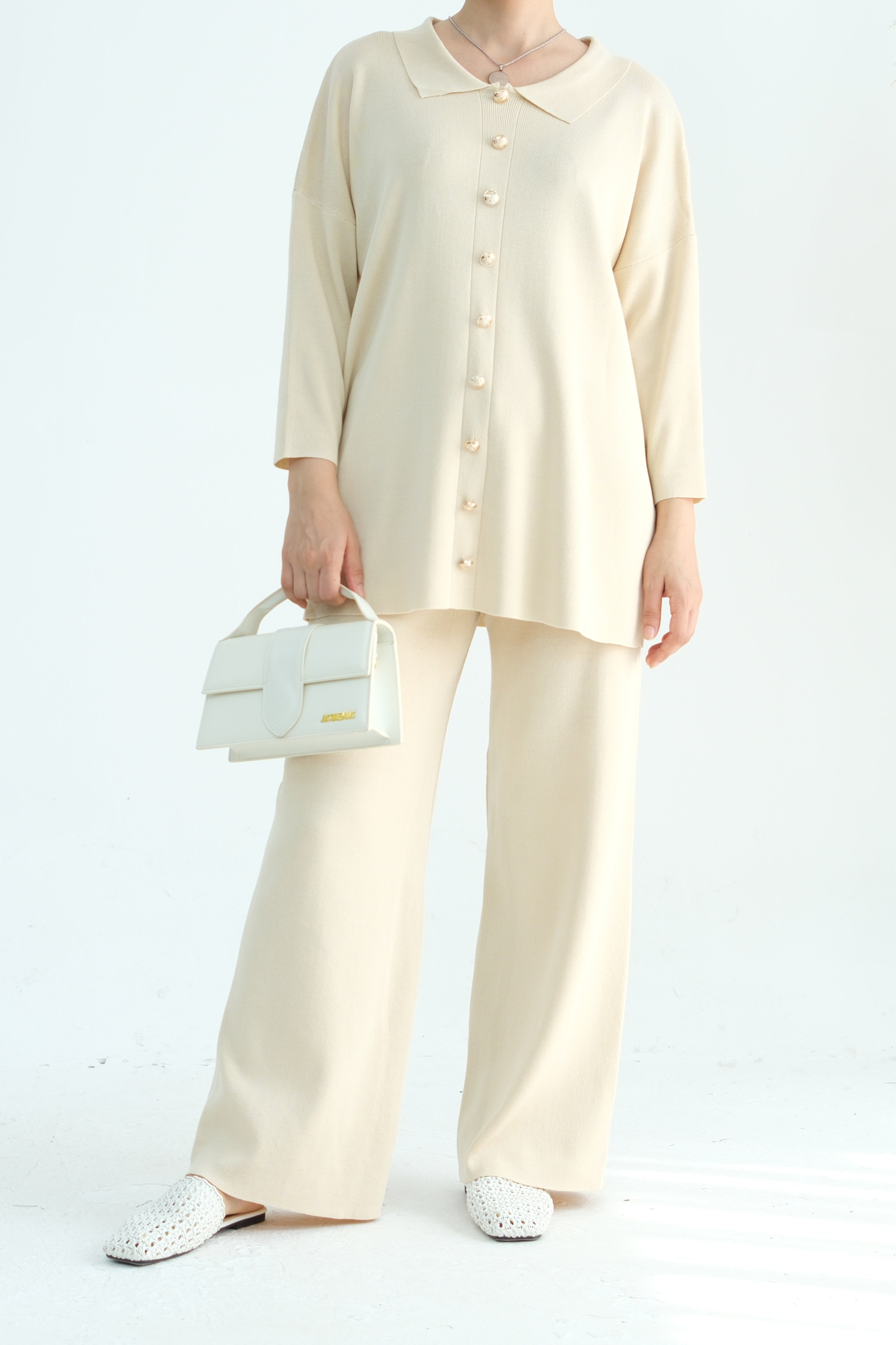 Inas Minimalist Buttoned Abaya Top and Pants Set 869 - Beige