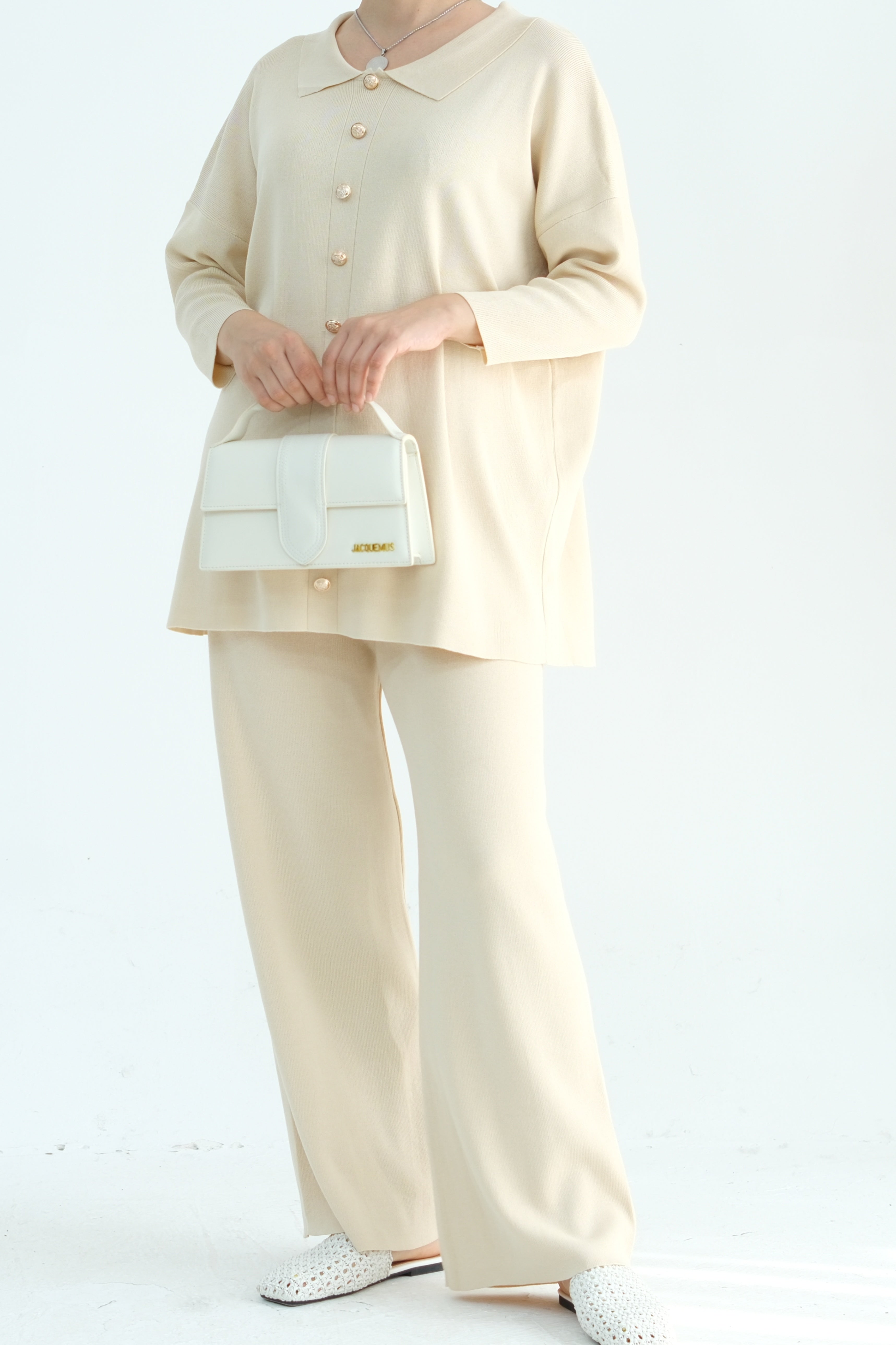 Inas Minimalist Buttoned Abaya Top and Pants Set 869 - Beige