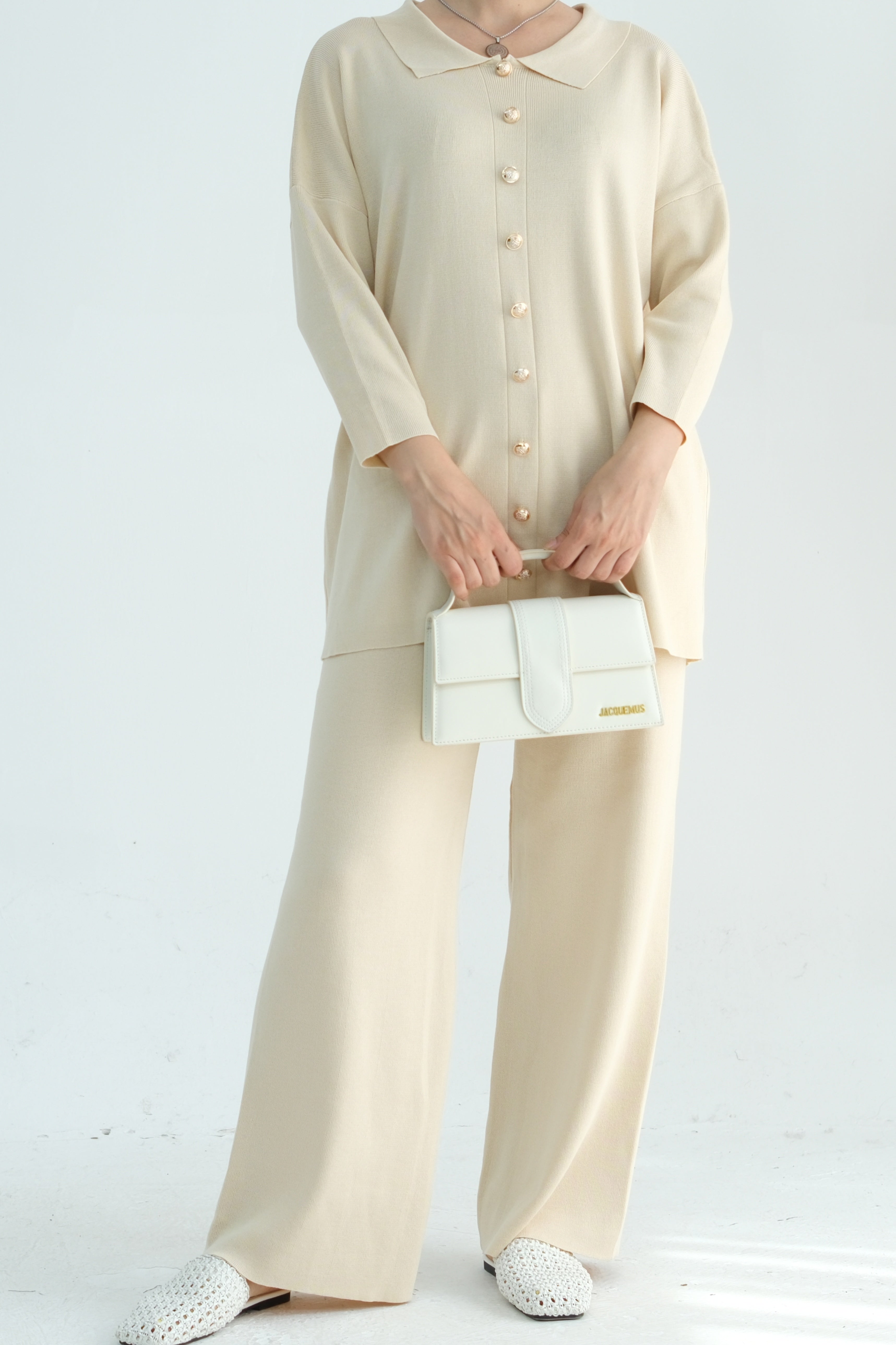 Inas Minimalist Buttoned Abaya Top and Pants Set 869 - Beige