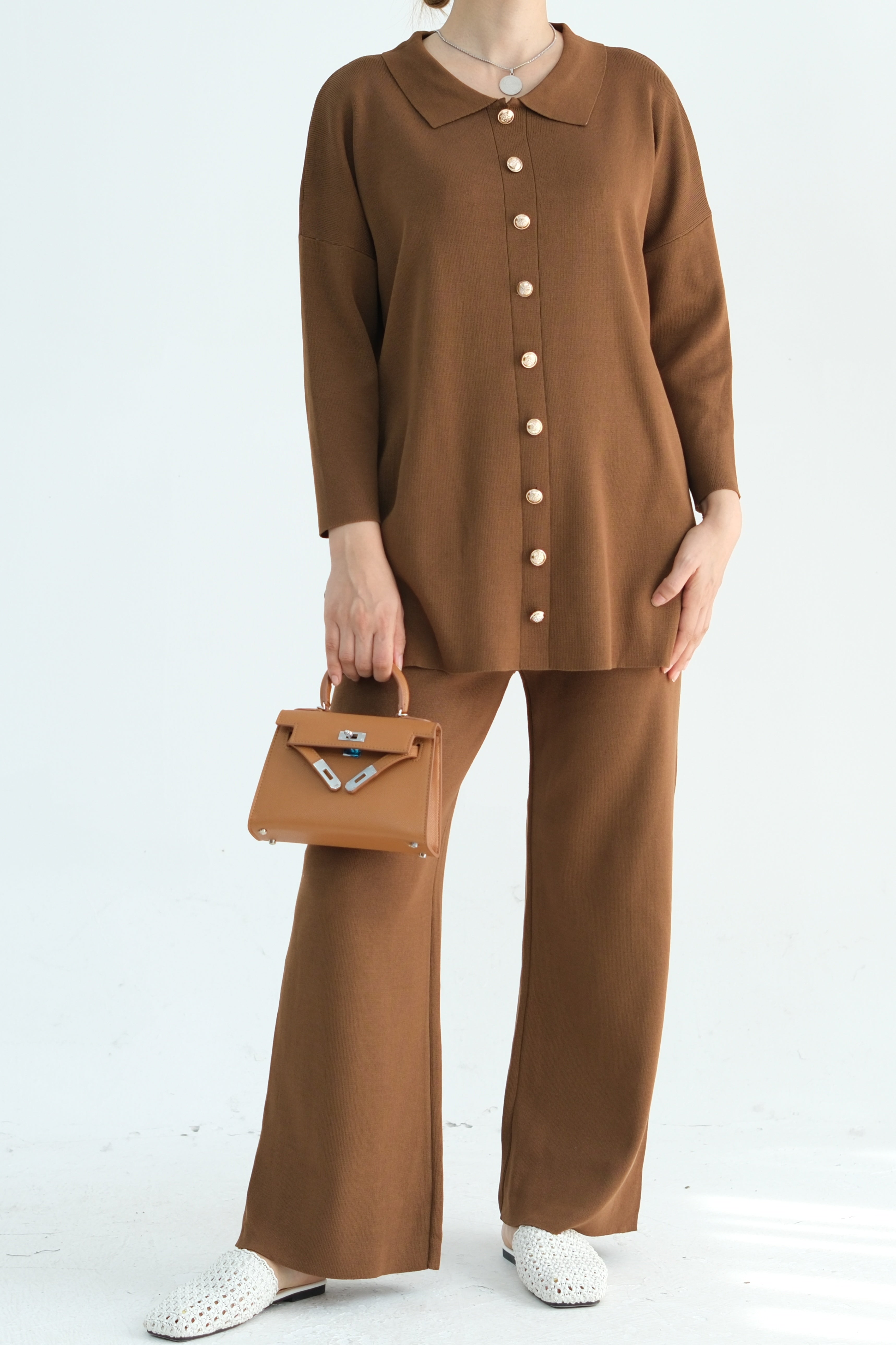 Inas Minimalist Buttoned Abaya Top and Pants Set 869 - Coffee