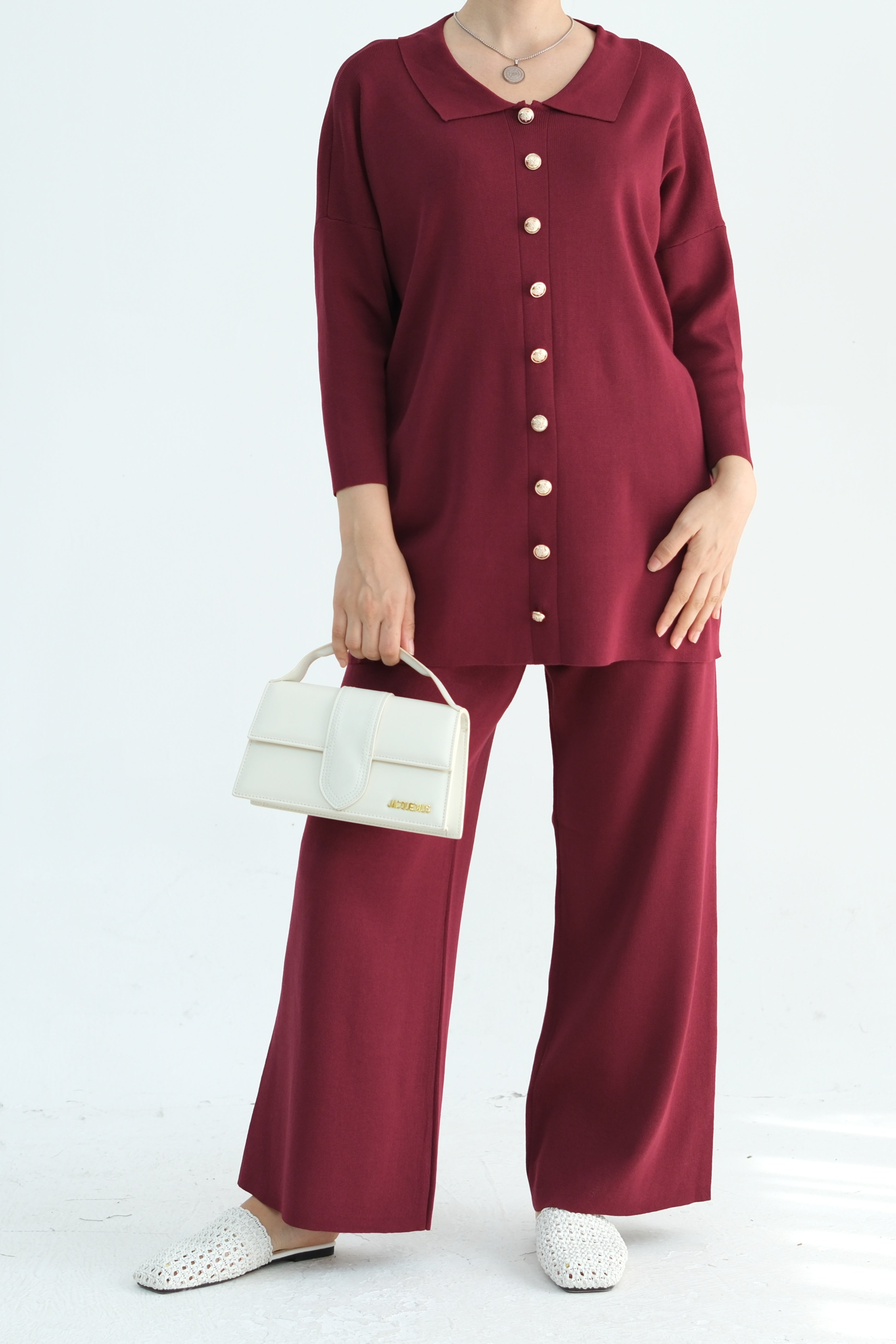 Inas Minimalist Buttoned Abaya Top and Pants Set 869- Dark Red