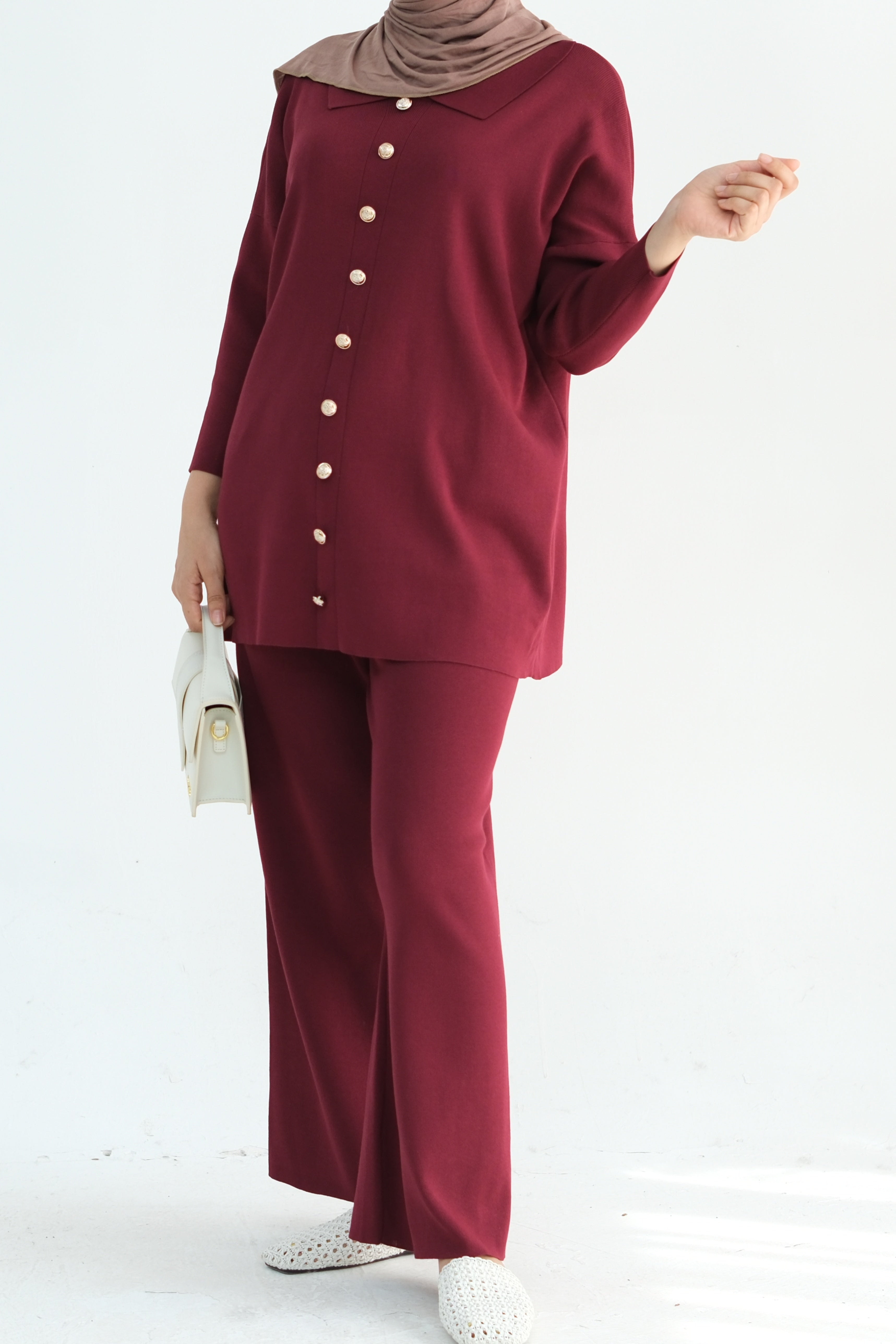 Inas Minimalist Buttoned Abaya Top and Pants Set 869- Dark Red