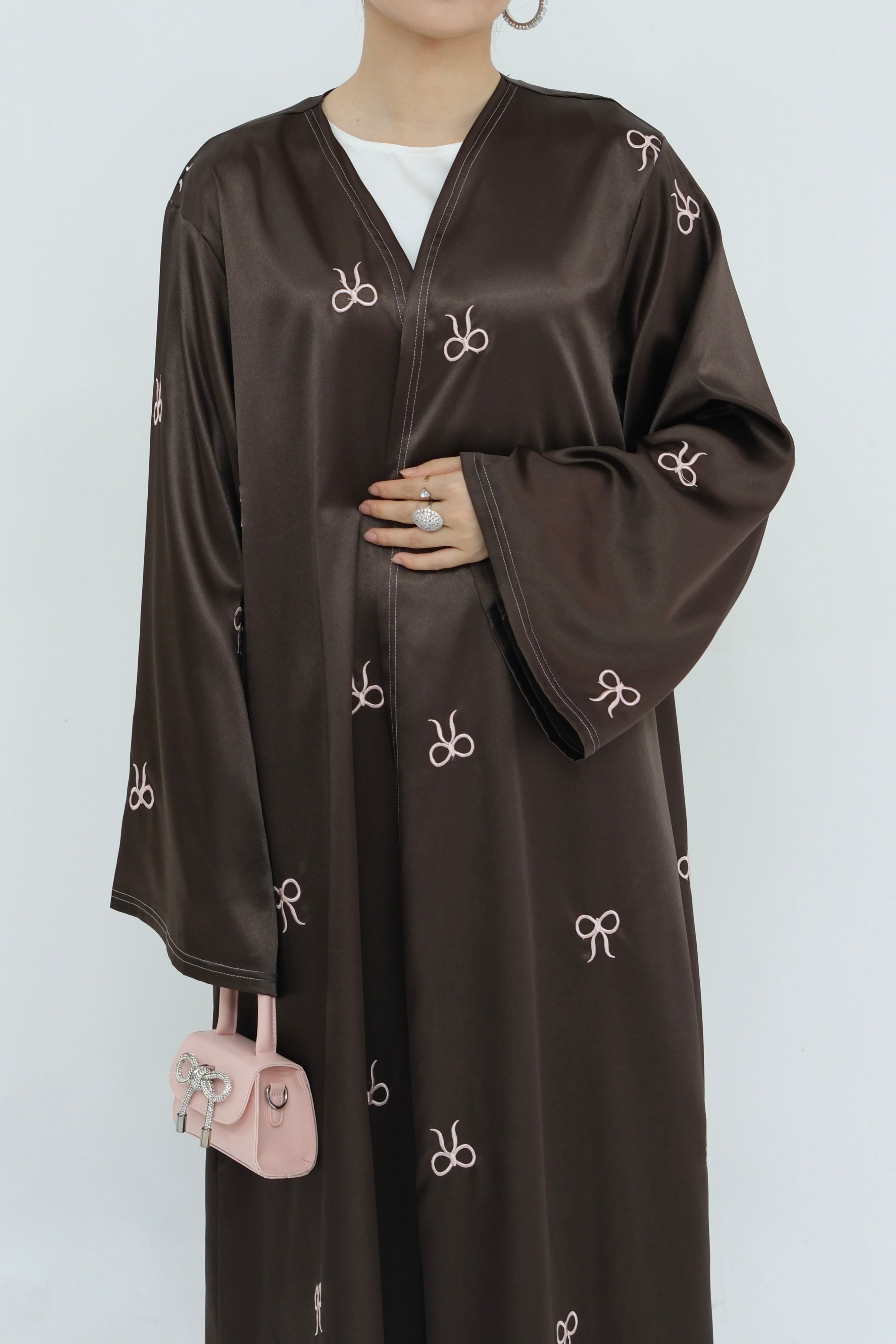 Aara Elegant Bowknot Embroidery Open Abaya 798 - Coffee