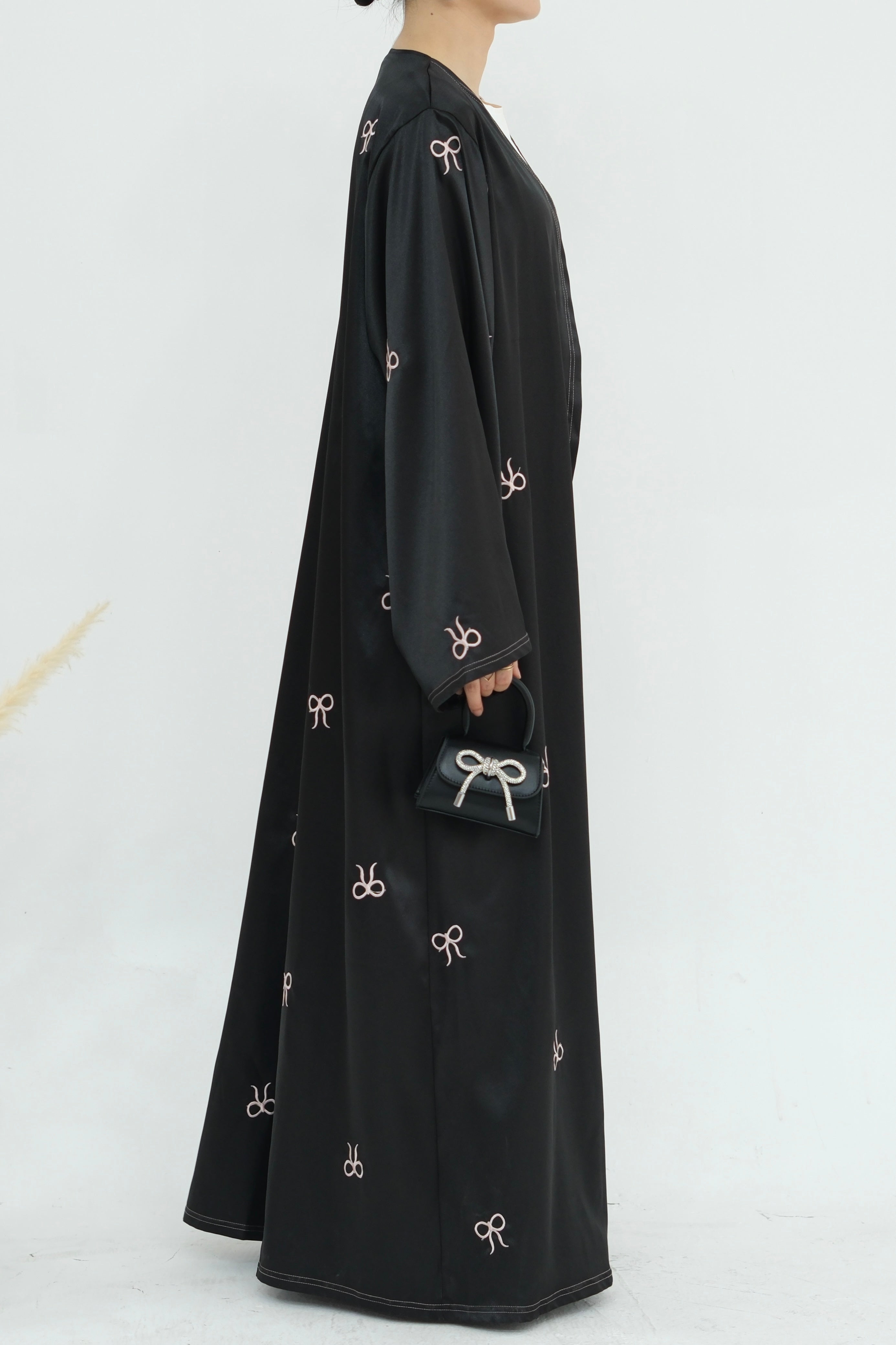 Aara Elegant Bowknot Embroidery Open Abaya 798 - Black