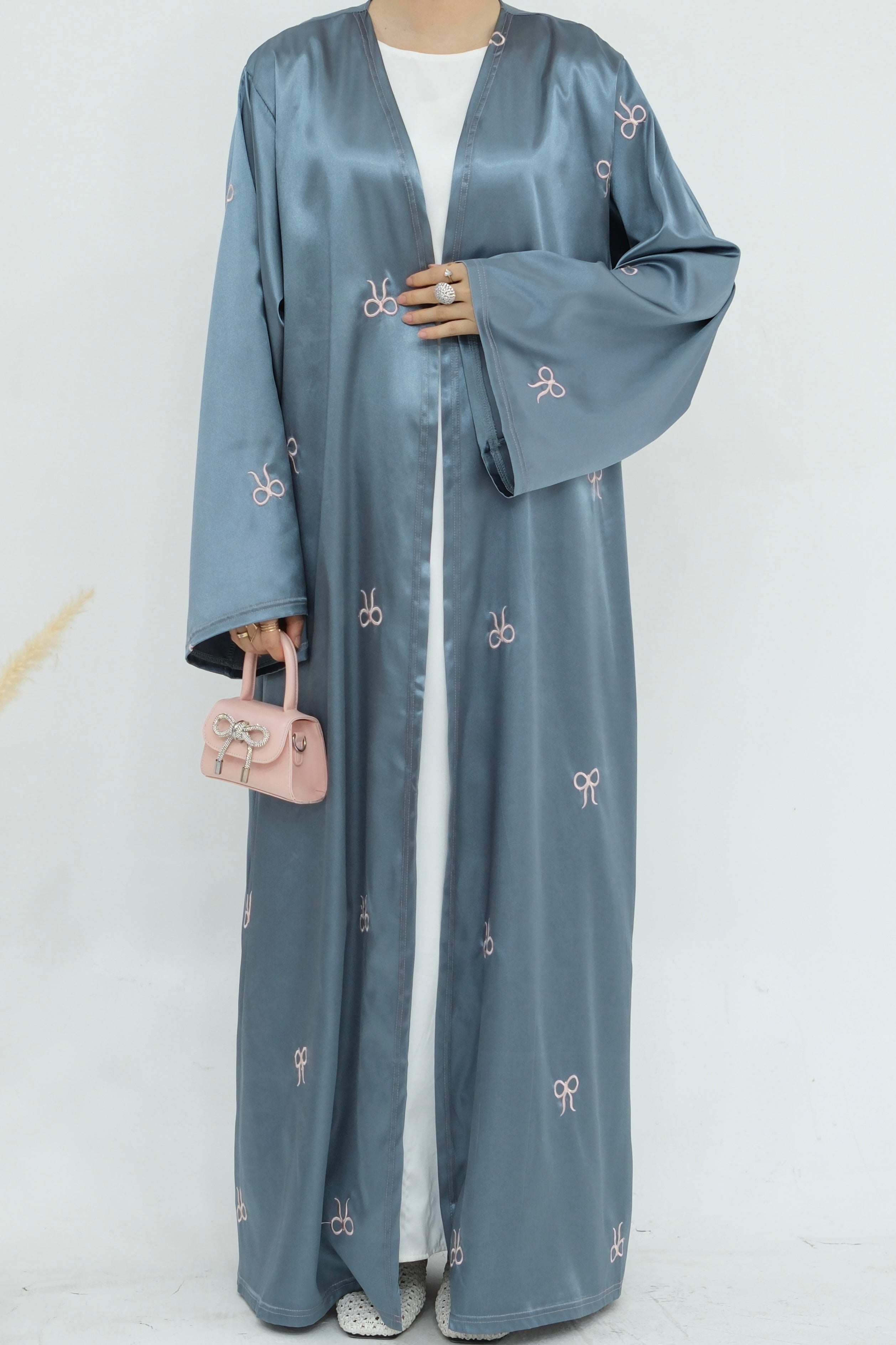 Aara Elegant Bowknot Embroidery Open Abaya 798 - Gray