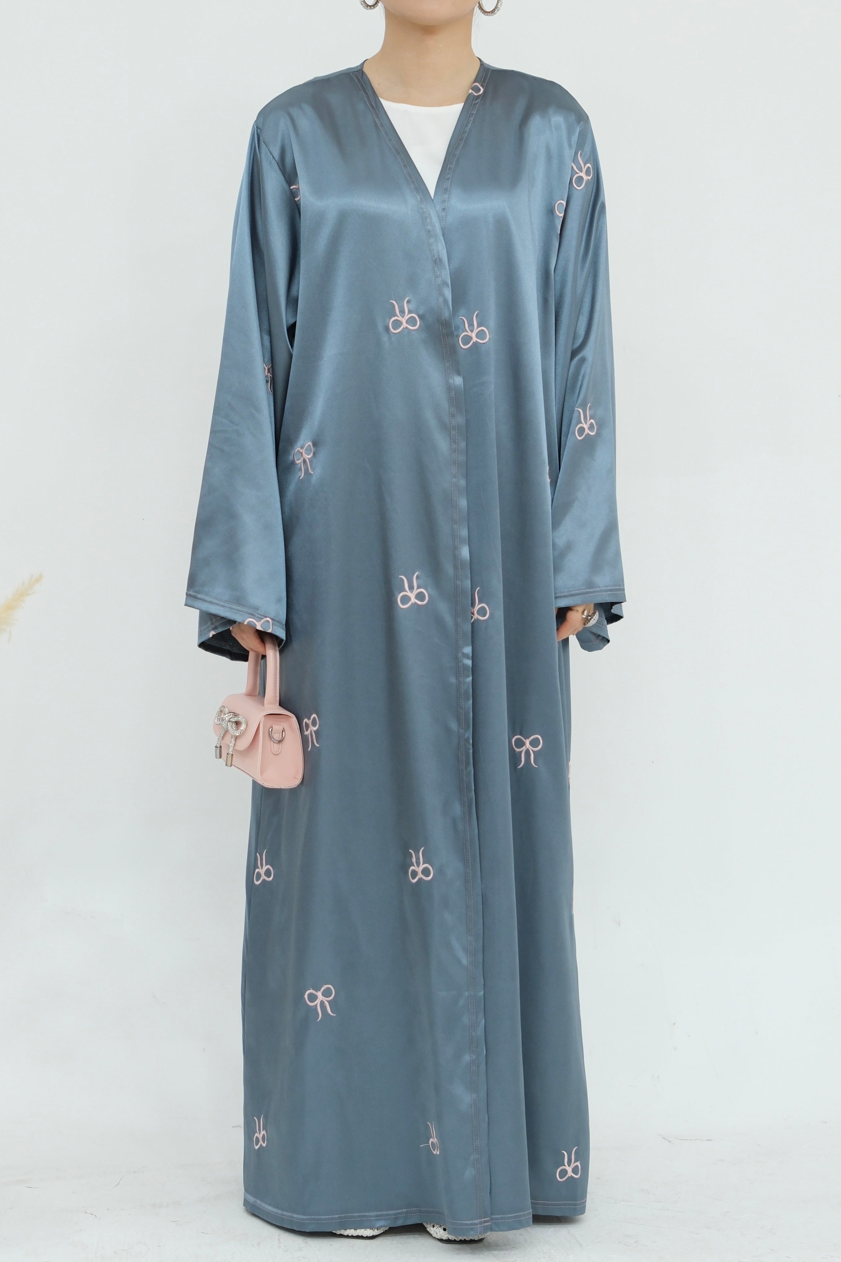 Aara Elegant Bowknot Embroidery Open Abaya 798 - Gray