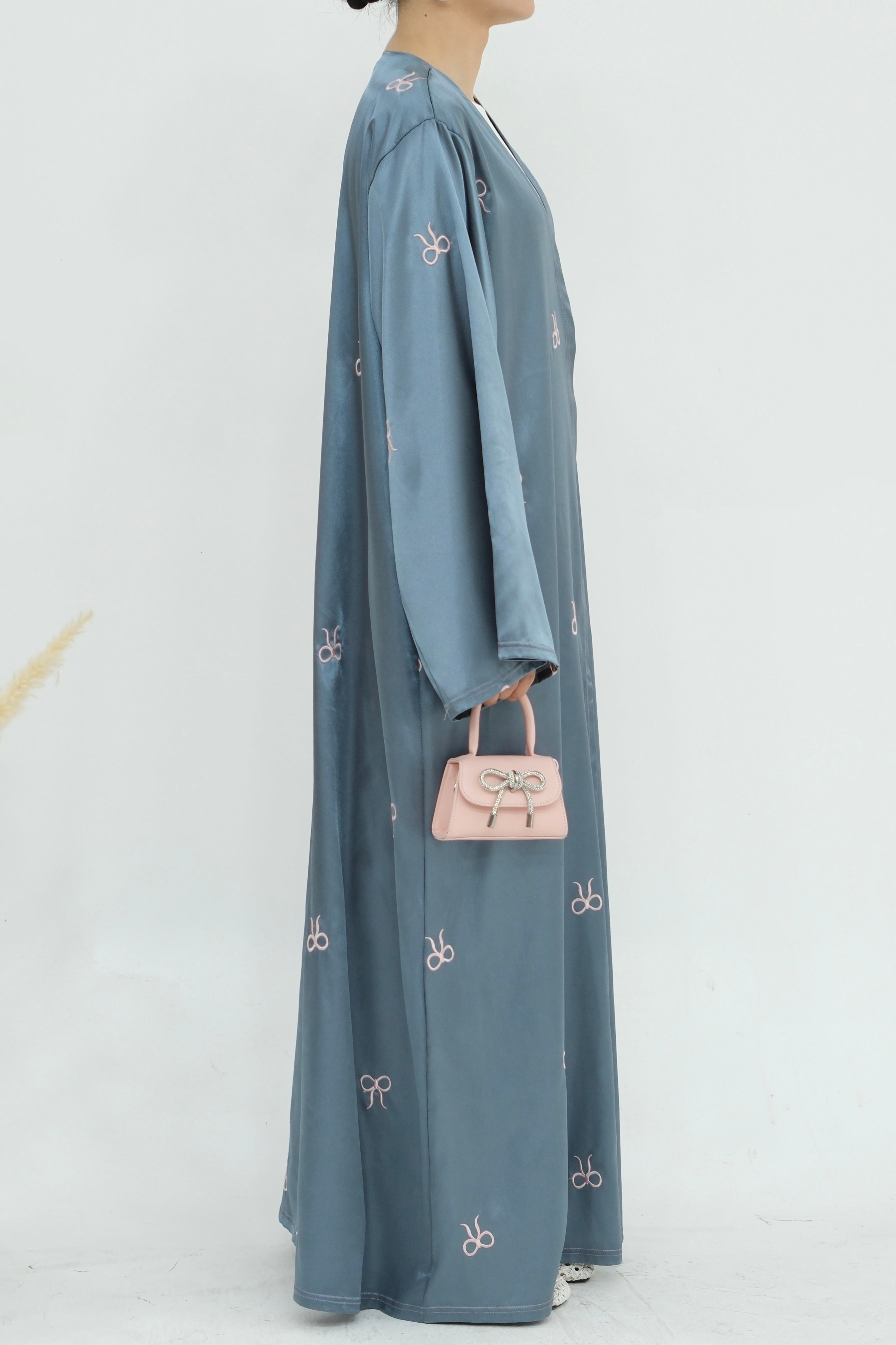 Aara Elegant Bowknot Embroidery Open Abaya 798 - Gray