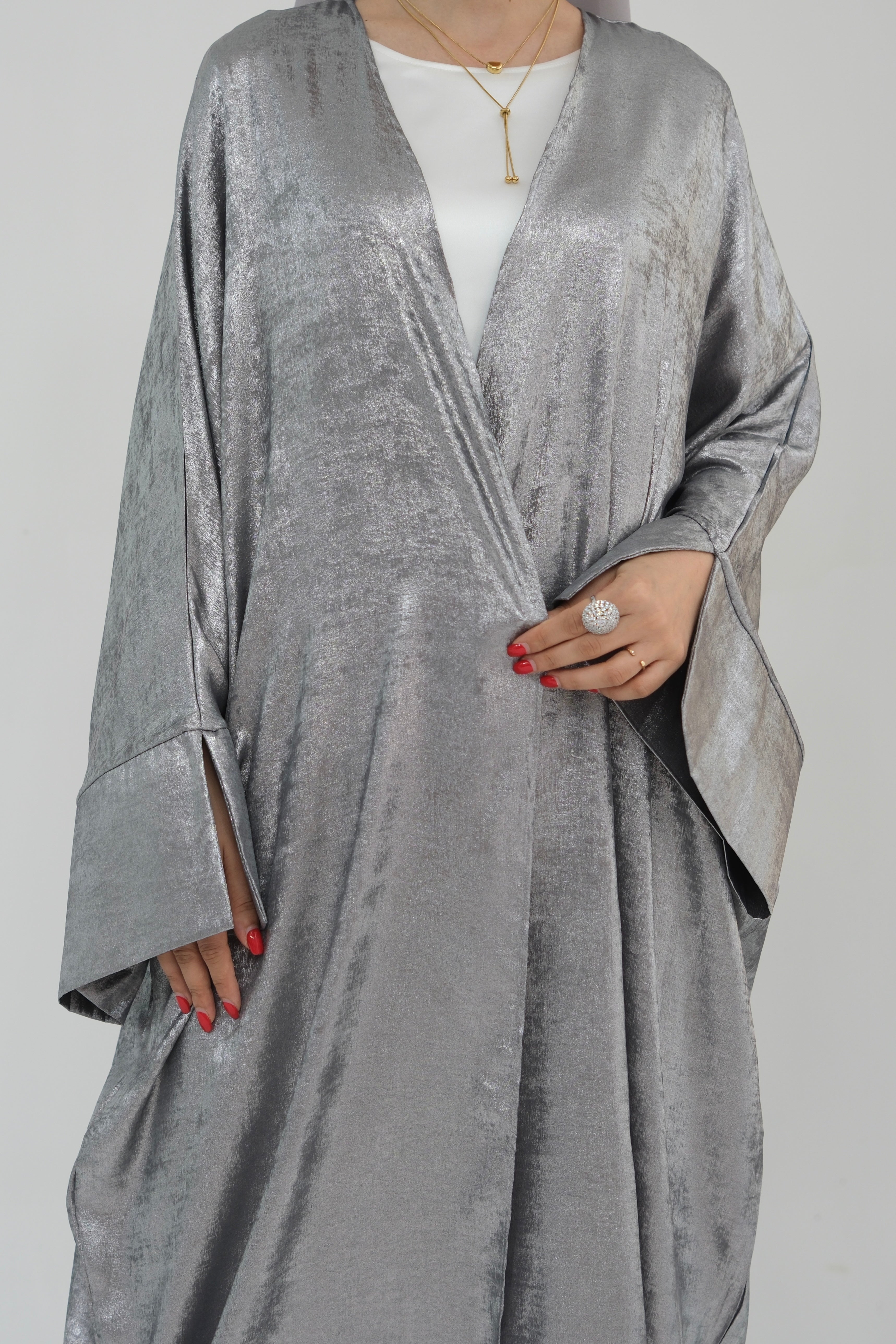 Bahraa Shiny Batwing Butterfly Open Abaya 795 - Gray