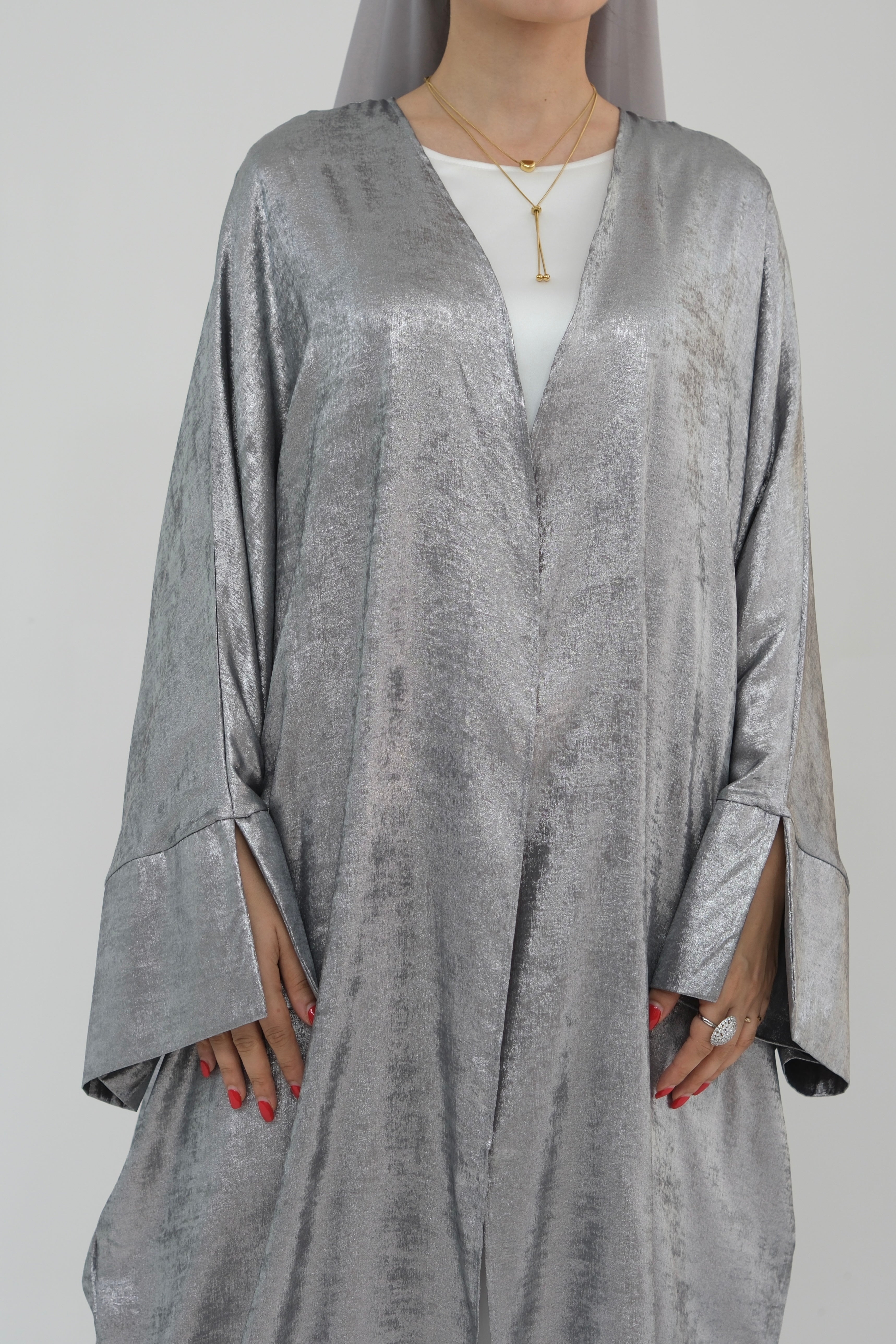 Bahraa Shiny Batwing Butterfly Open Abaya 795 - Gray