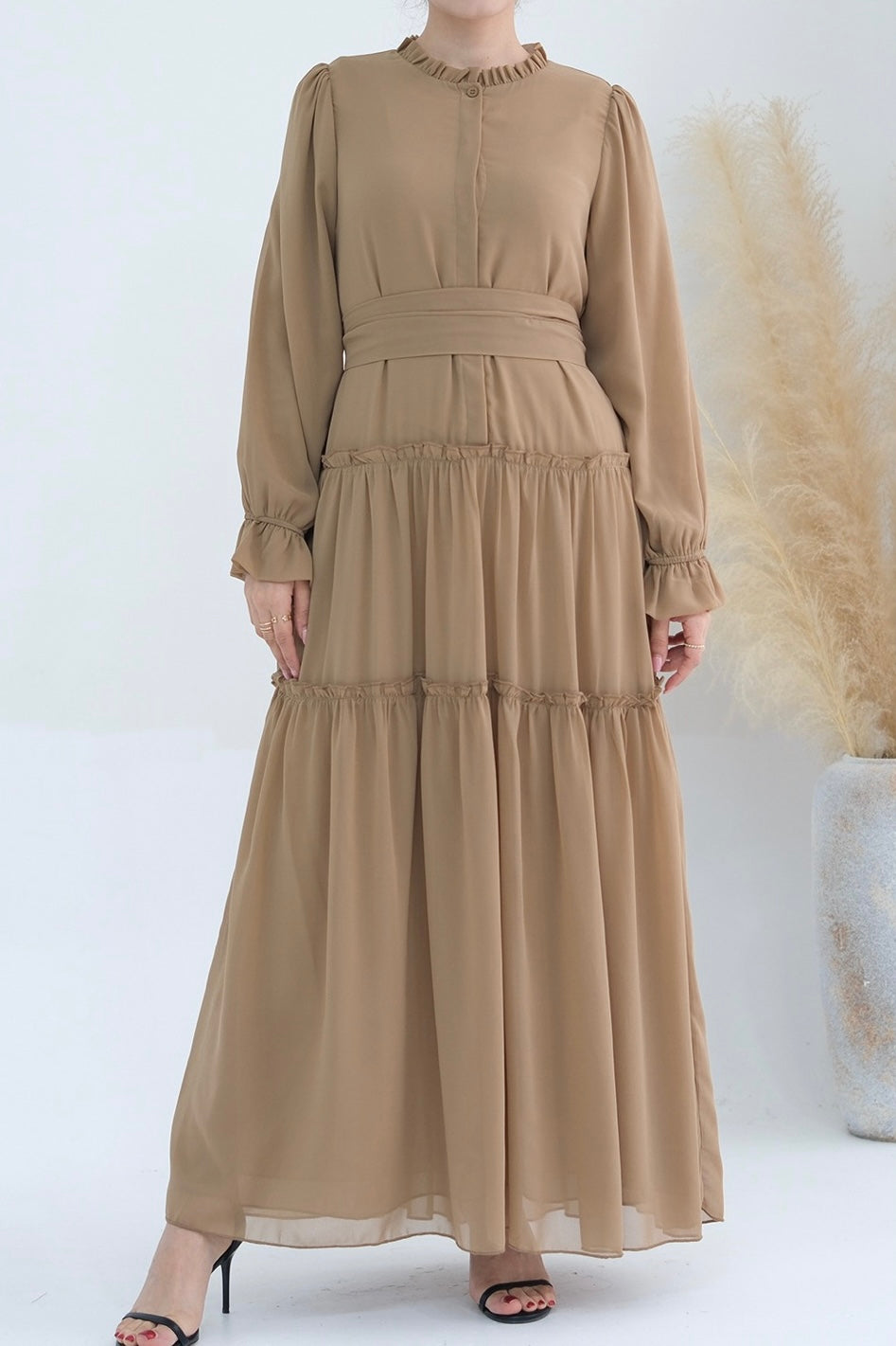 Huda Chiffon Maxi Dress Abaya with belt 754 - Khaki