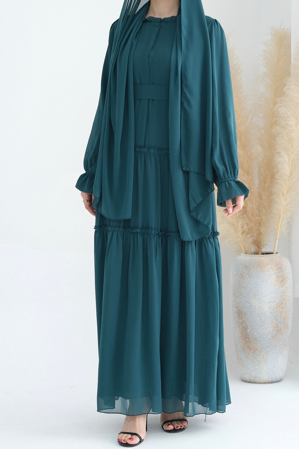 Huda Chiffon Maxi Dress Abaya with belt 754-Green