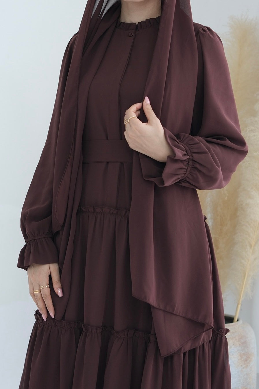 Huda Chiffon Maxi Dress Abaya with belt 754-Coffee