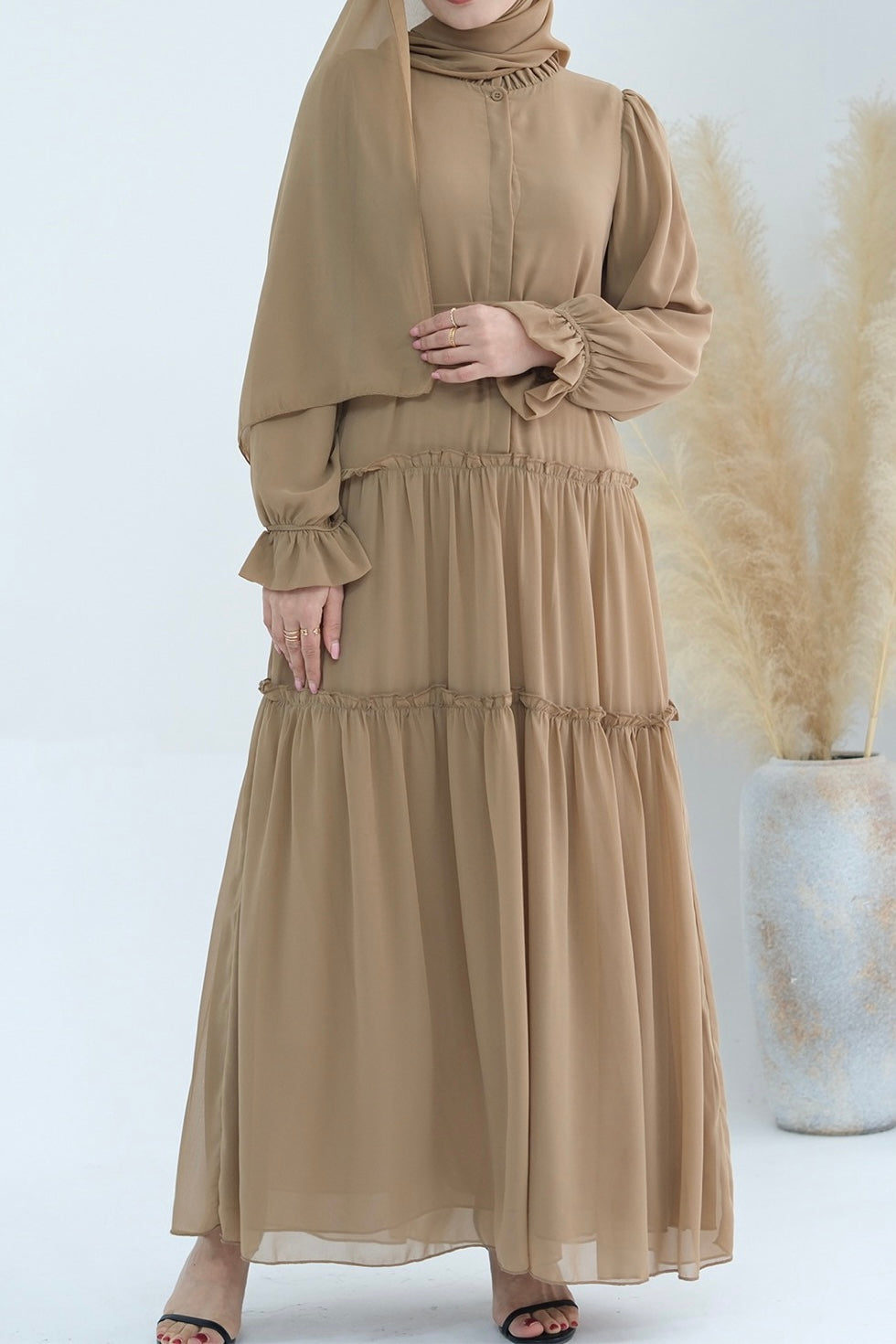 Huda Chiffon Maxi Dress Abaya with belt 754 - Khaki