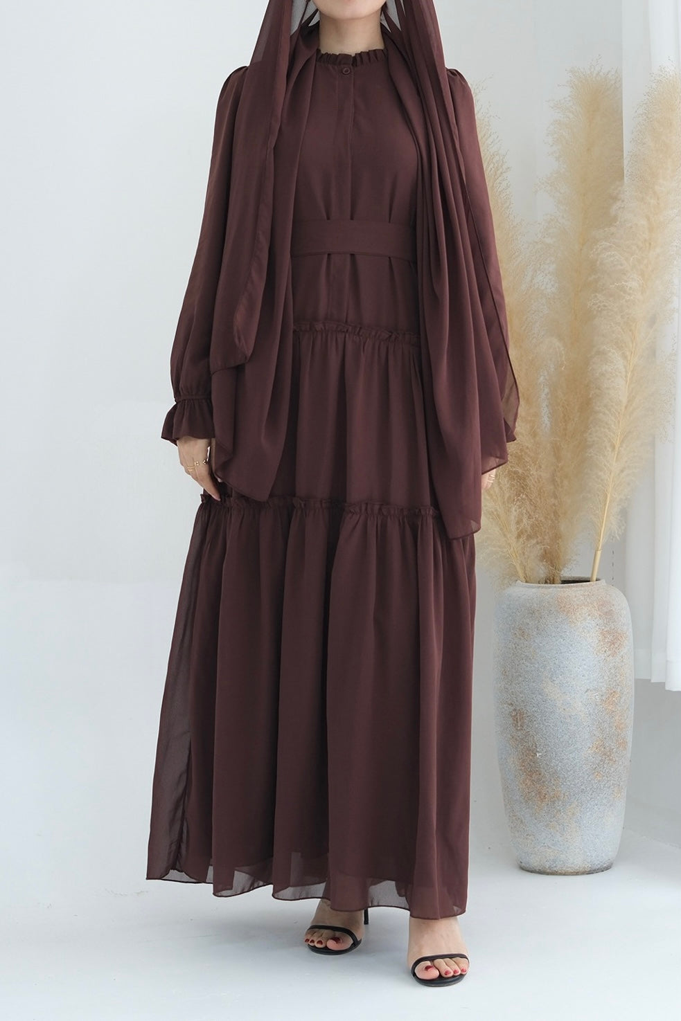 Huda Chiffon Maxi Dress Abaya with belt 754-Coffee