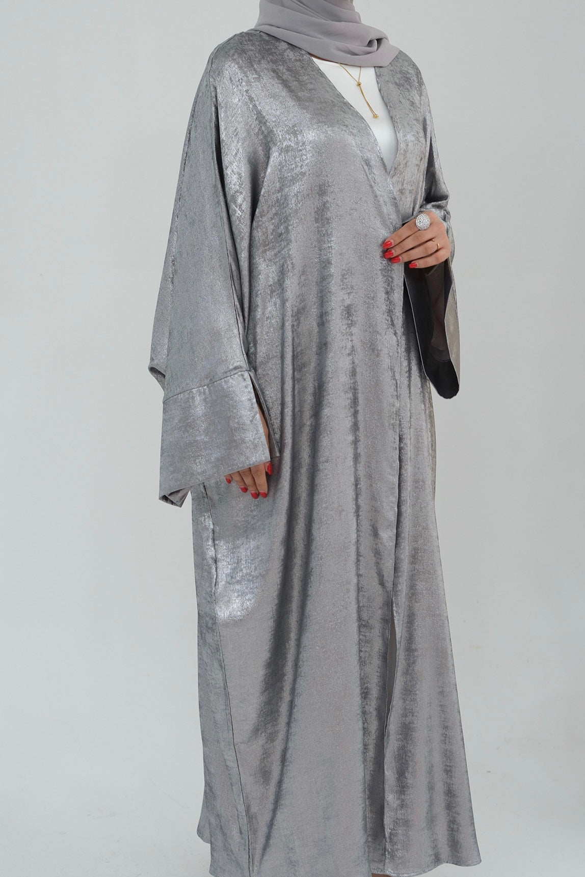 Bahraa Shiny Batwing Butterfly Open Abaya 795 - Gray