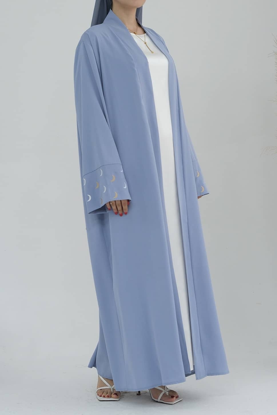 Najma Moon Embroidery modest open abaya with belt 785-Light Blue