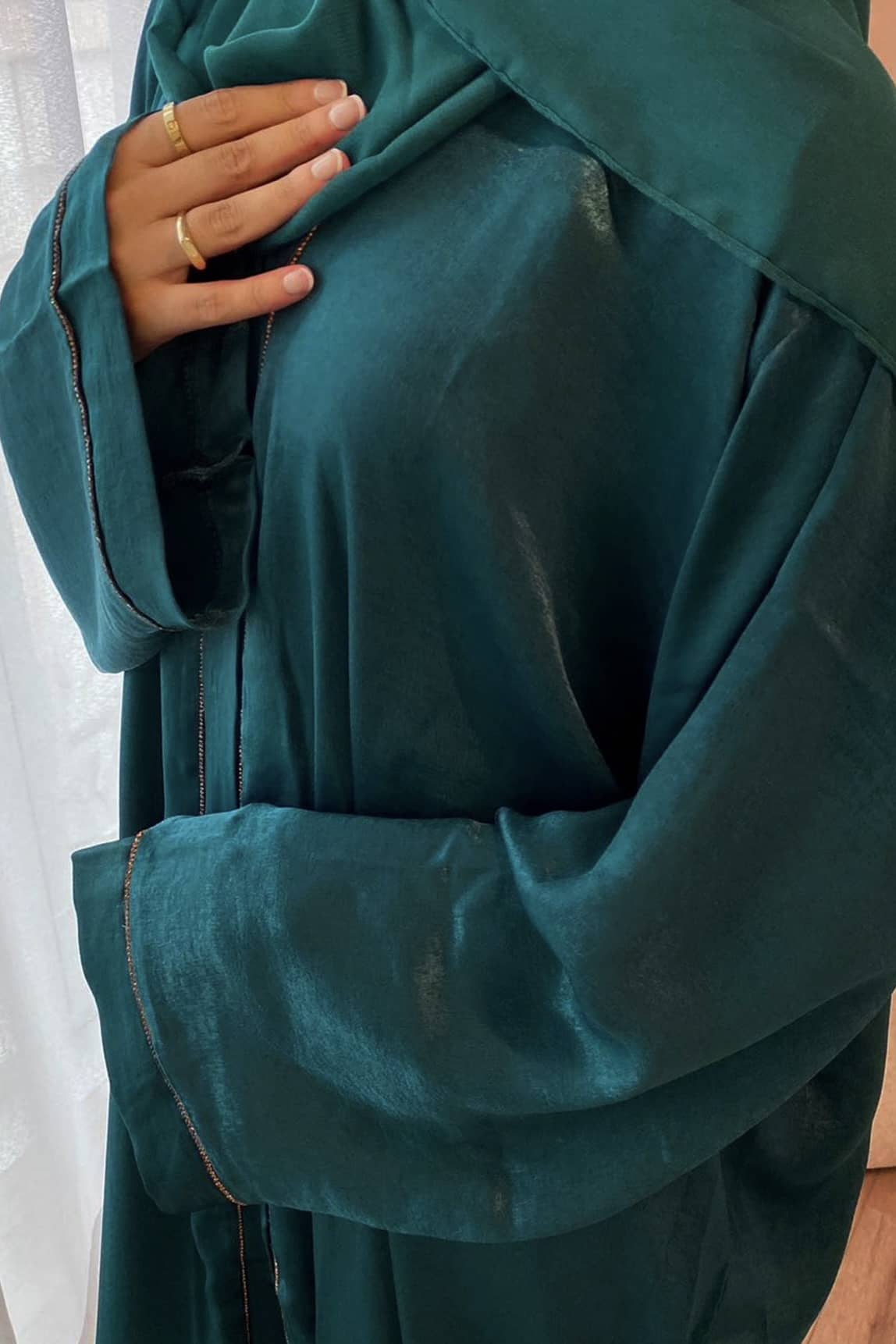 Rania Polyester Fiber Trimmed Open Abaya with Belt 707  - Dark Green - Meliza