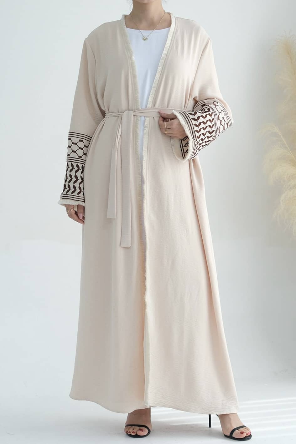 Karina Keffiyeh Inspired Fringed Peace Dove Pattern Embroidery Modest Open Abaya with belt 763 - Beige - Meliza