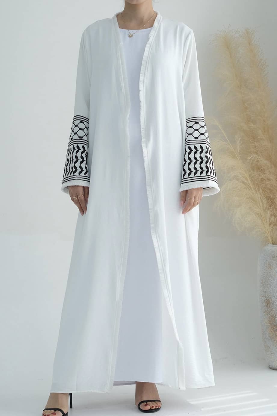 Karina Keffiyeh Inspired Fringed Peace Dove Pattern Embroidery Modest Open Abaya with belt 763 - White - Meliza