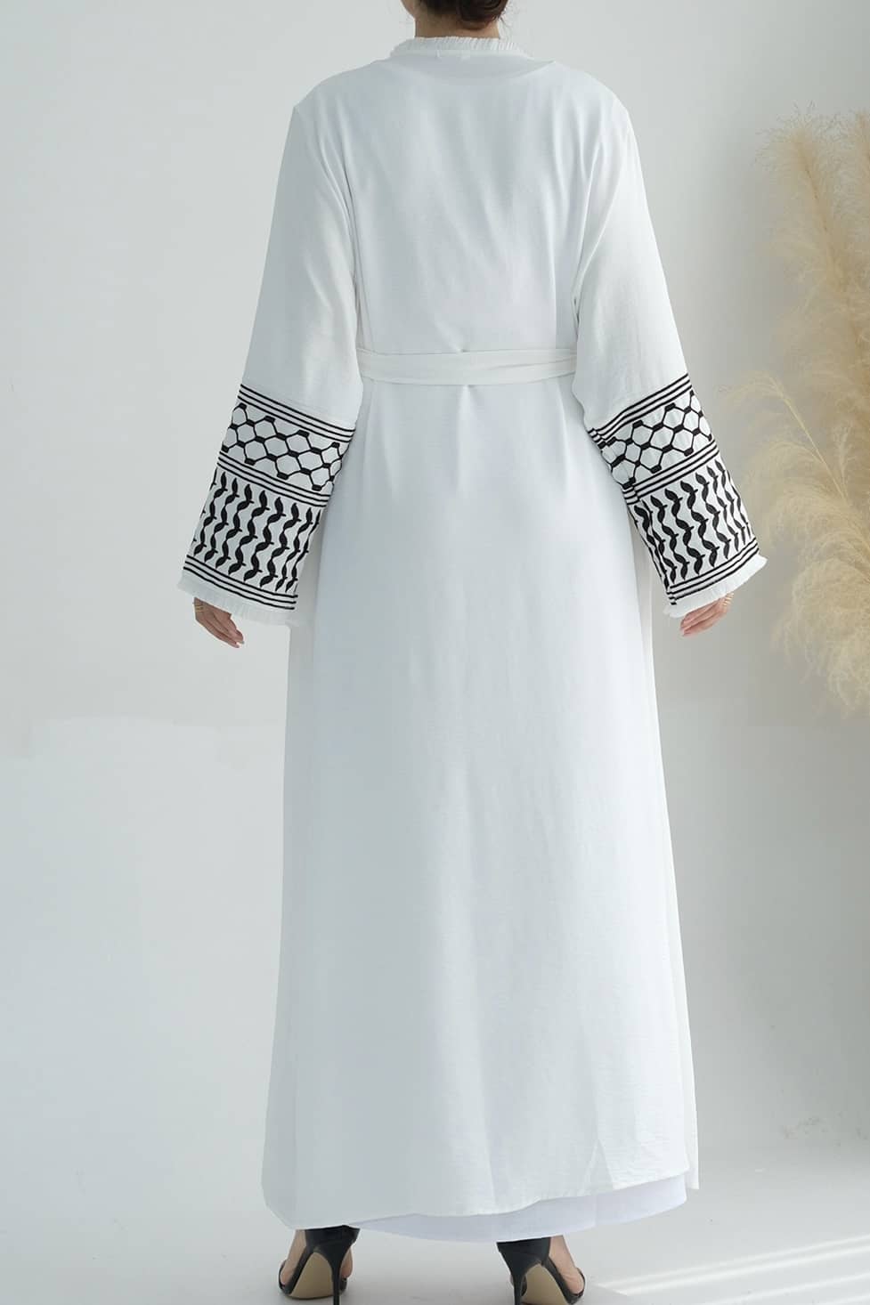 Karina Keffiyeh Inspired Fringed Peace Dove Pattern Embroidery Modest Open Abaya with belt 763 - White - Meliza