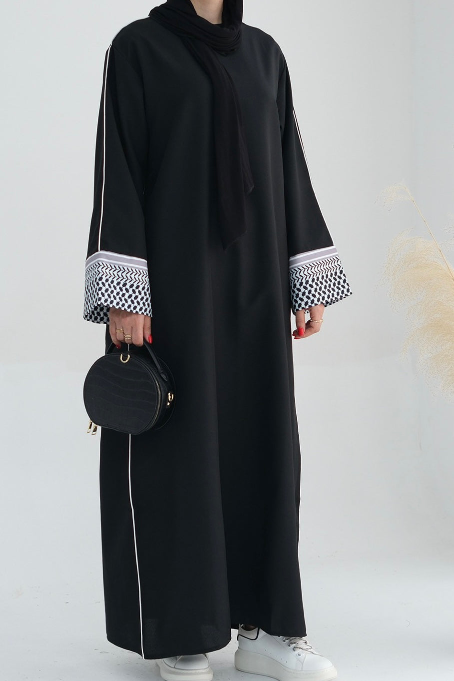 Yasmin Keffiyeh Inspired Peace Dove Pattern Embroidery Maxi Dress Abaya 764 - Black